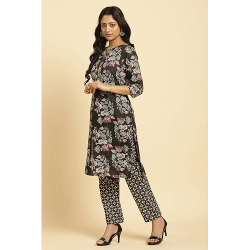 W For Woman Black Floral Printed Kurta And Pants Set (Size Xl)-24Auws10336-122683