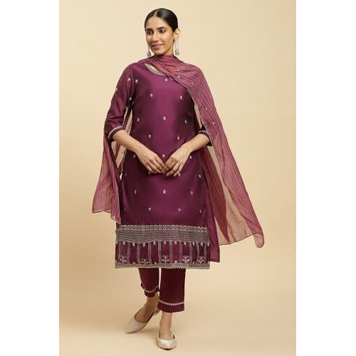 W For Woman Purple Metallic Embroidered Kurta, Pants And Dupatta Set_24Auws10295-220629_2Xl