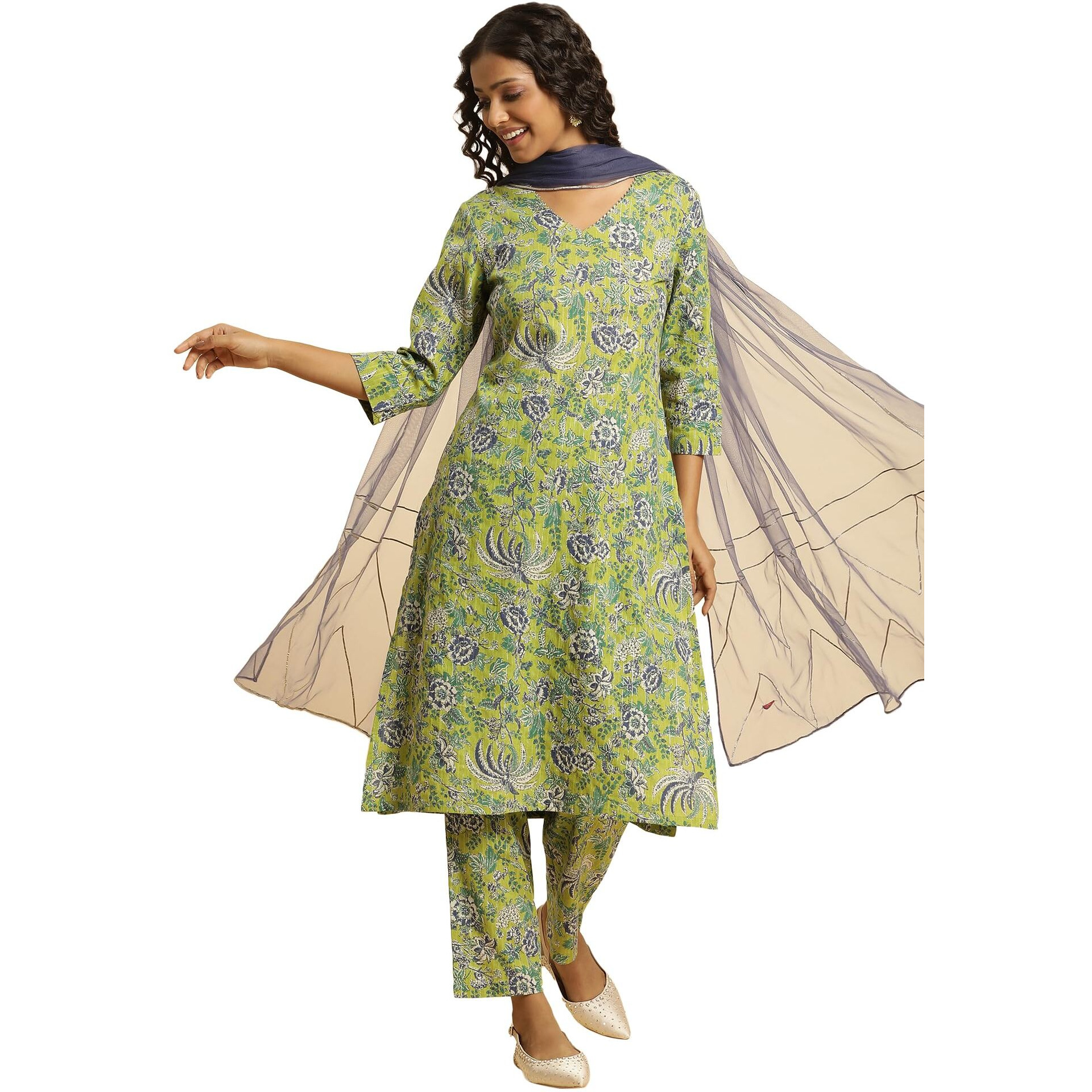 W For Woman Light Green Floral Printed Kurta, Pants And Dupatta Set_24Auws10159-122805_Xs