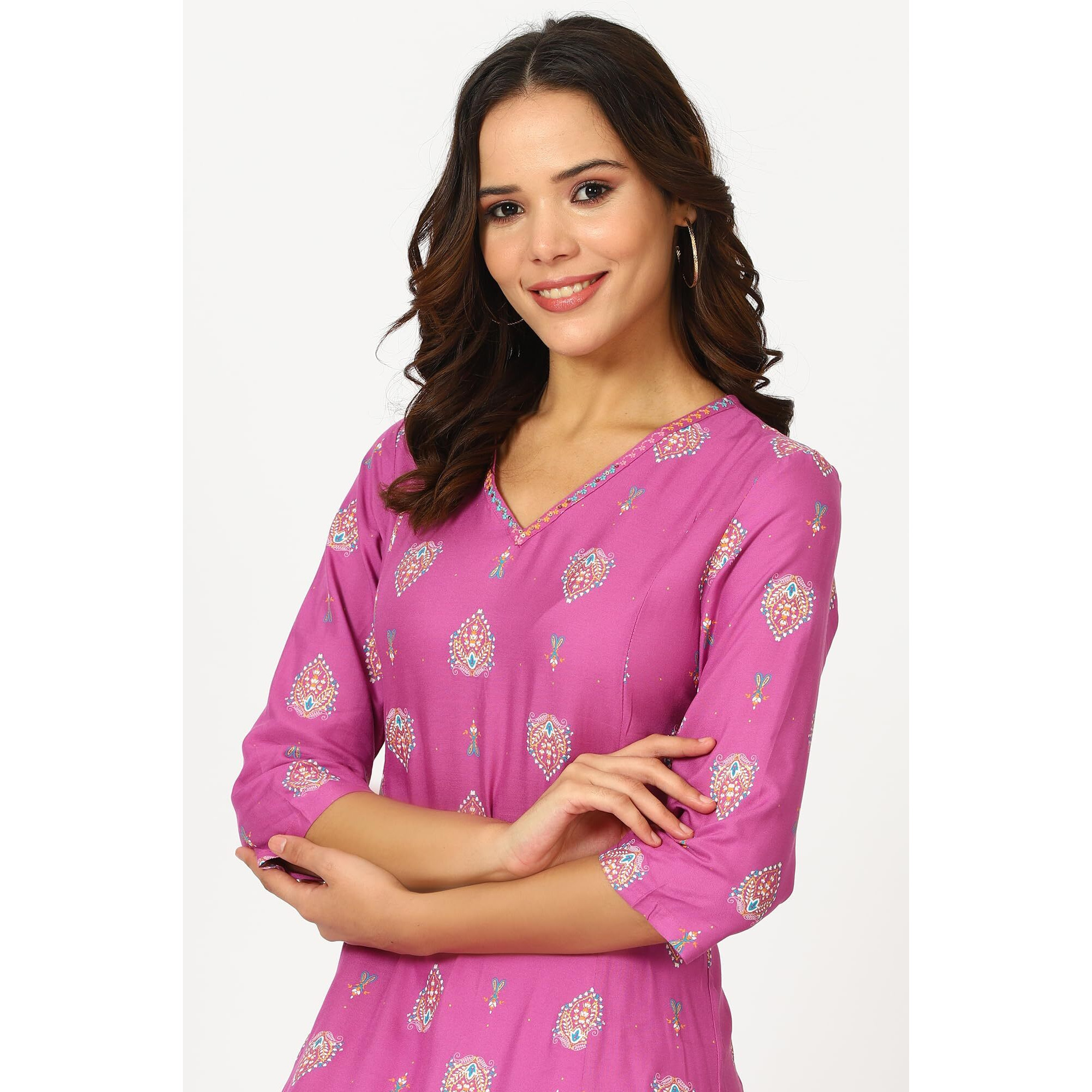 W For Woman Purple Floral Printed Rayon Kurta With Embroidered Neck (Size L)-24Austw12220-122117