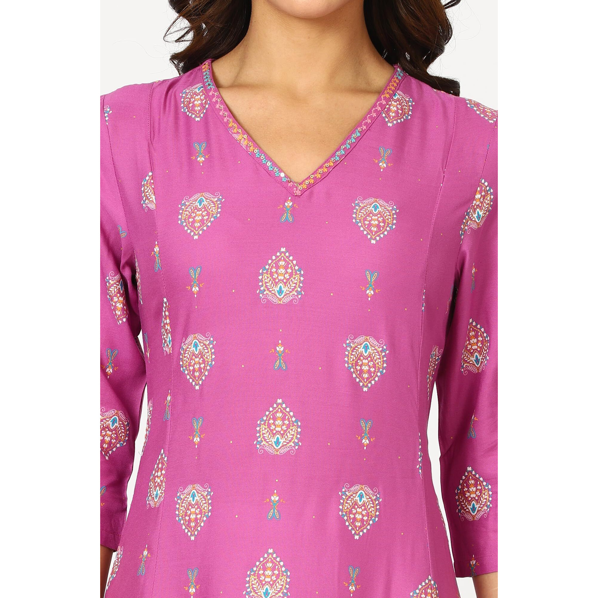 W For Woman Purple Floral Printed Rayon Kurta With Embroidered Neck (Size L)-24Austw12220-122117