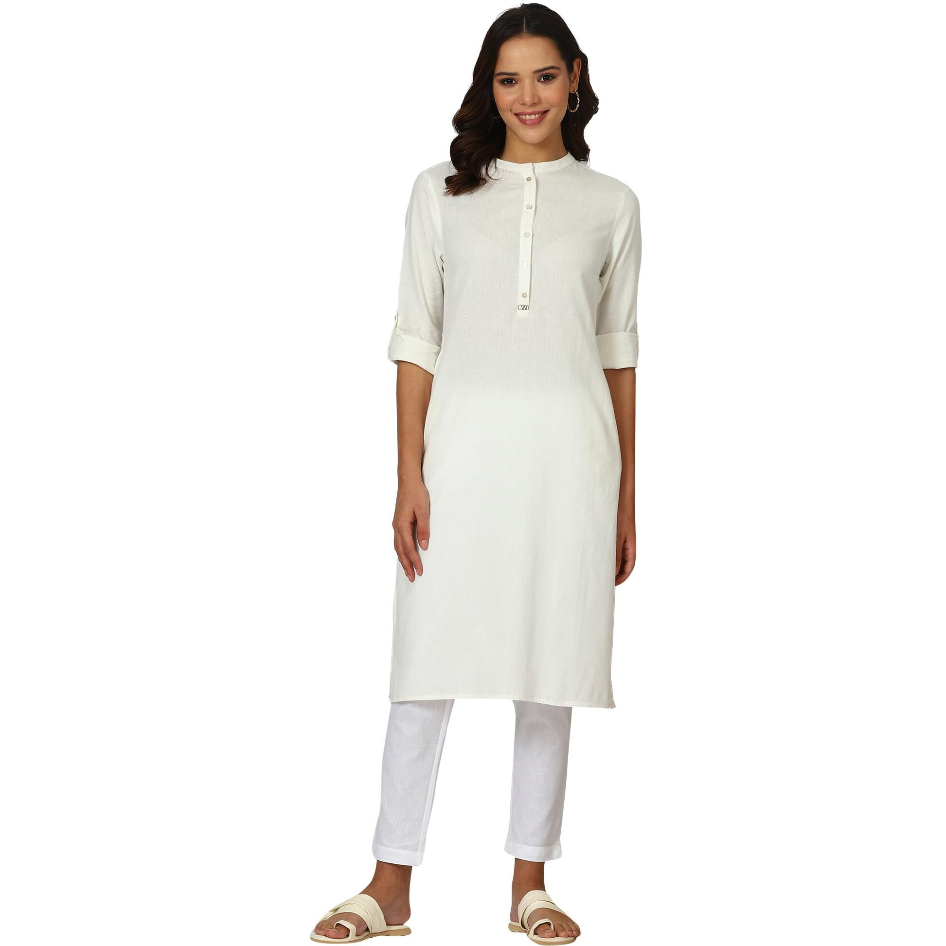 W For Woman White Solid Cotton Blend Straight Kurta (Size 3Xl)-24Onw12285-222985
