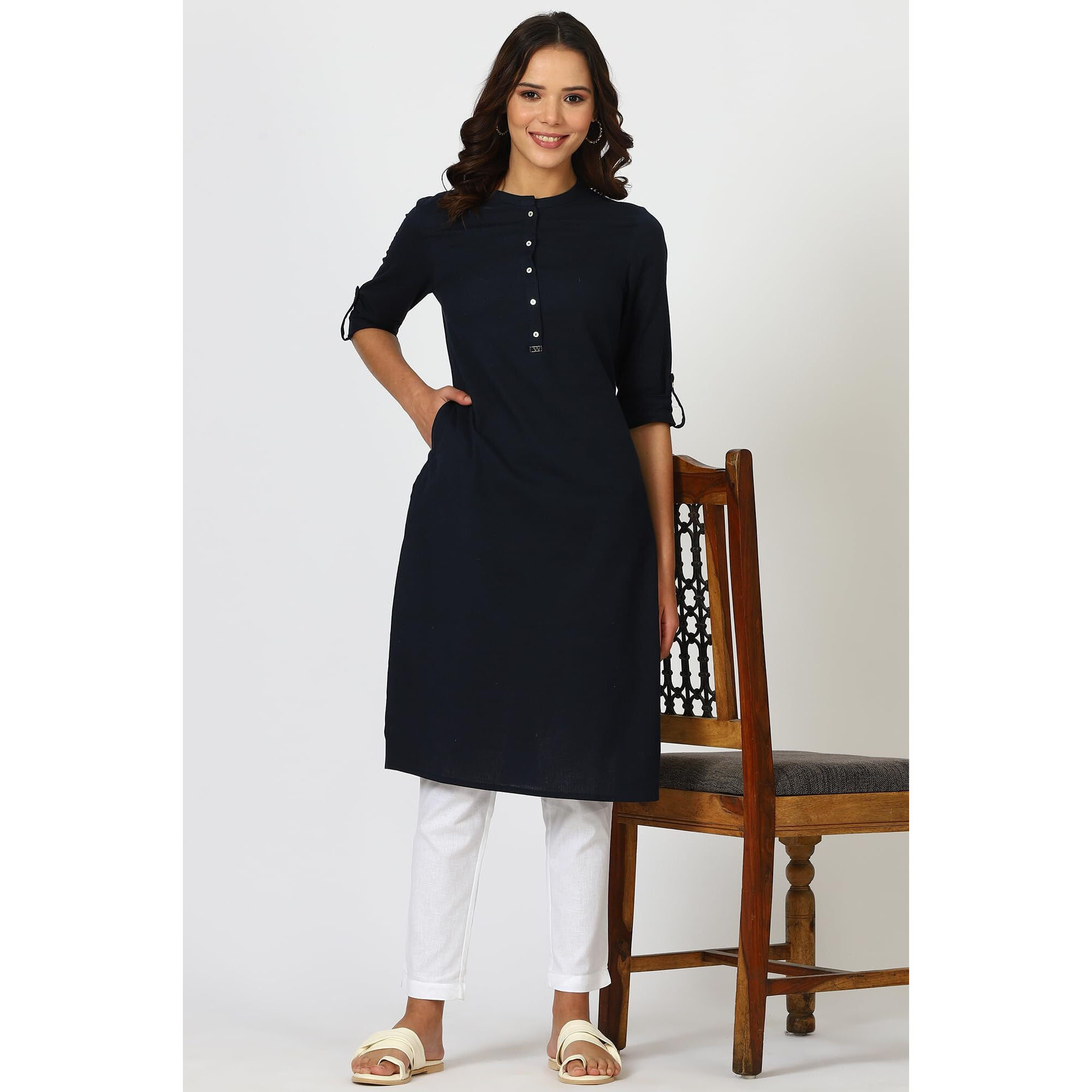 W For Woman Blue Solid Cotton Blend Straight Kurta (Size Xl)-24Onw12285-222986