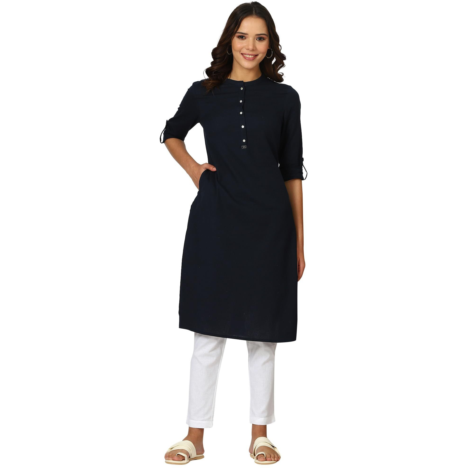 W For Woman Blue Solid Cotton Blend Straight Kurta (Size 2Xl)-24Onw12285-222986