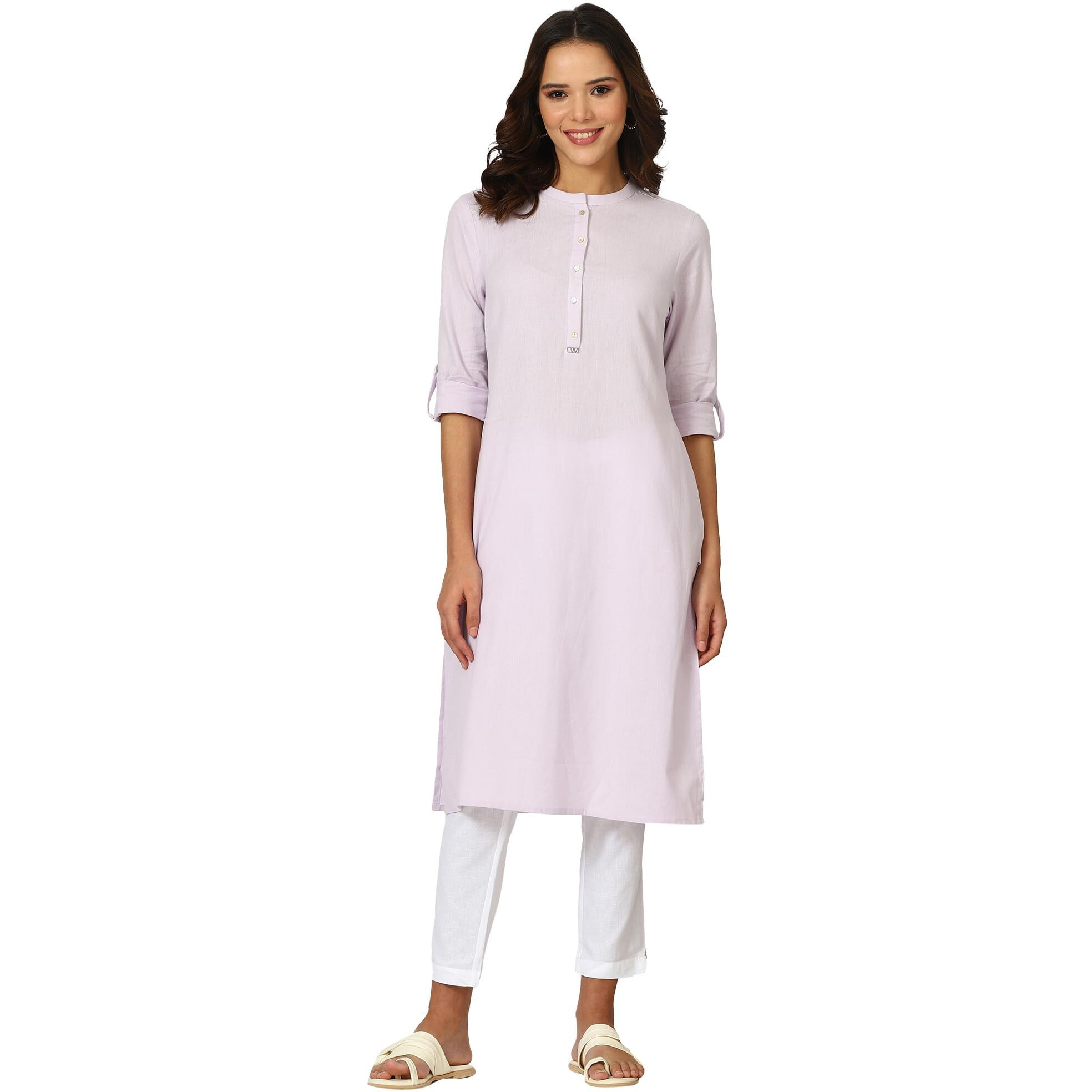 W For Woman Purple Solid Cotton Blend Straight Kurta (Size M)-24Onw12285-222981