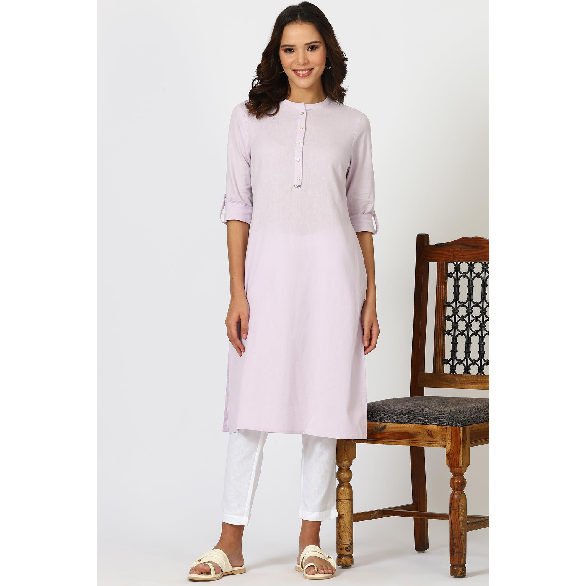 W For Woman Purple Solid Cotton Blend Straight Kurta (Size M)-24Onw12285-222981