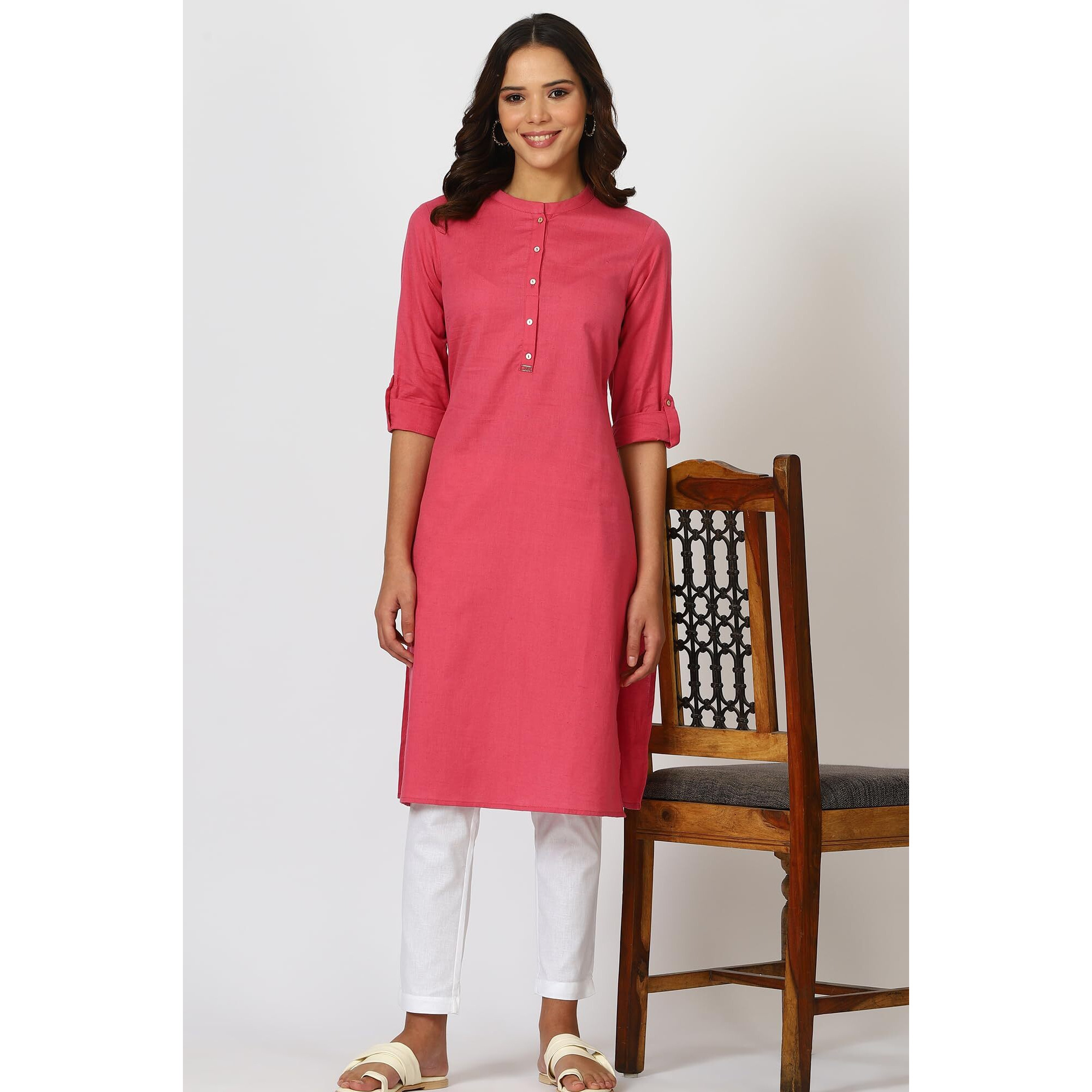 W For Woman Pink Solid Cotton Blend Straight Kurta (Size M)-24Onw12285-222987