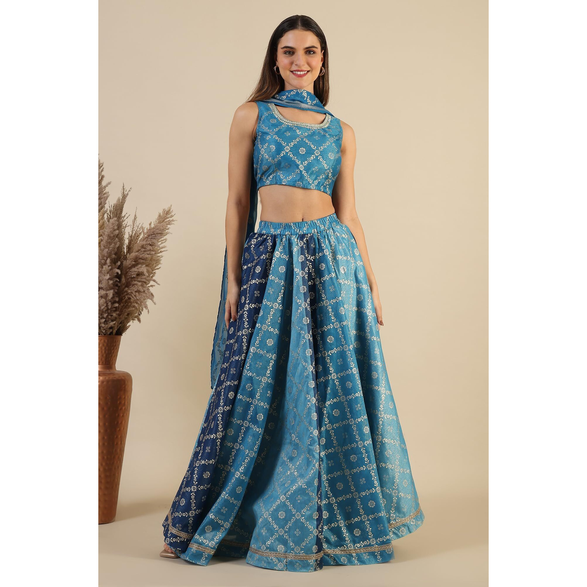 Aurelia Blue Printed Zari Embroidered Crop Top, Brocade Flared Skirt And Dupatta Set (Size S)-24Auas15510-508889