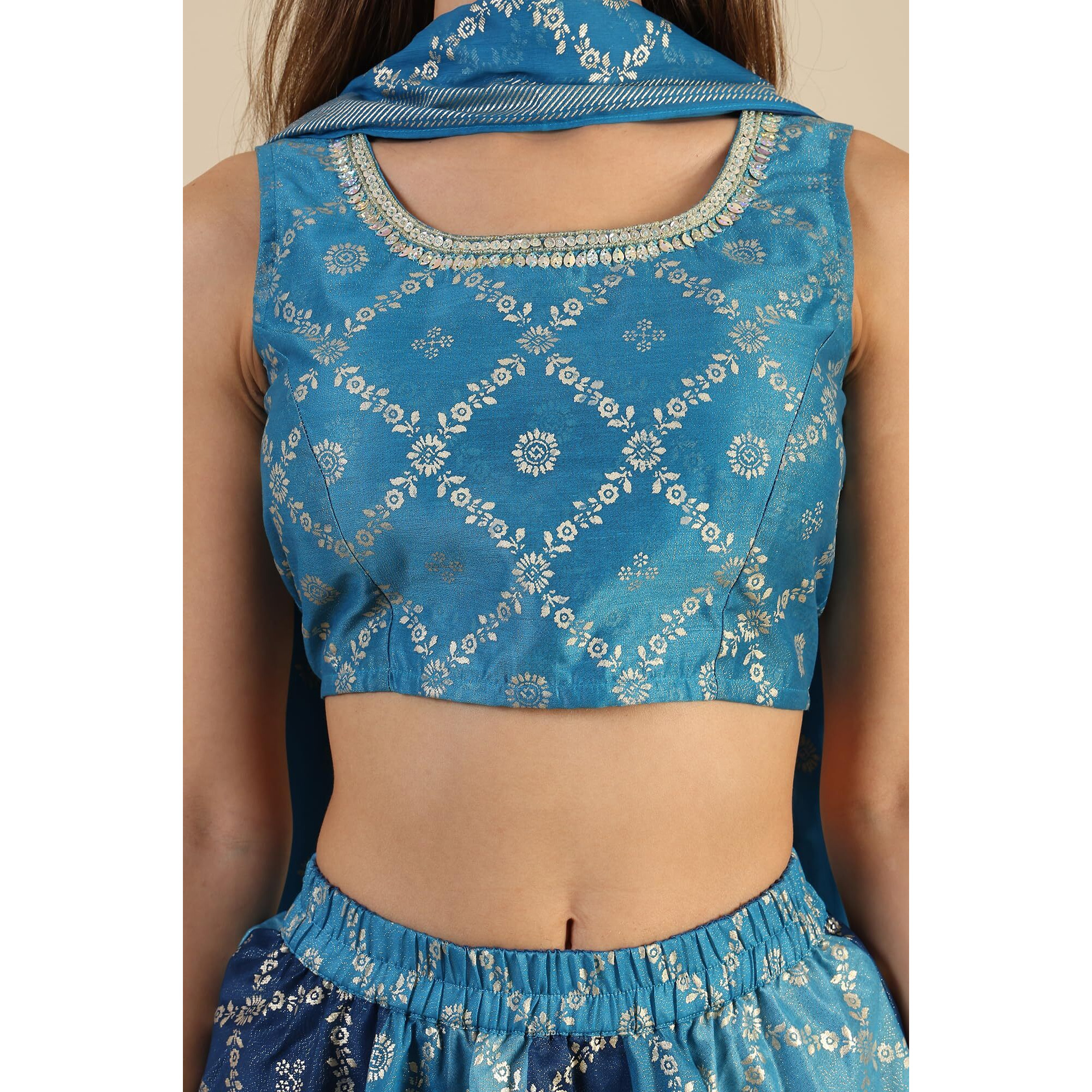 Aurelia Blue Printed Zari Embroidered Crop Top, Brocade Flared Skirt And Dupatta Set (Size S)-24Auas15510-508889