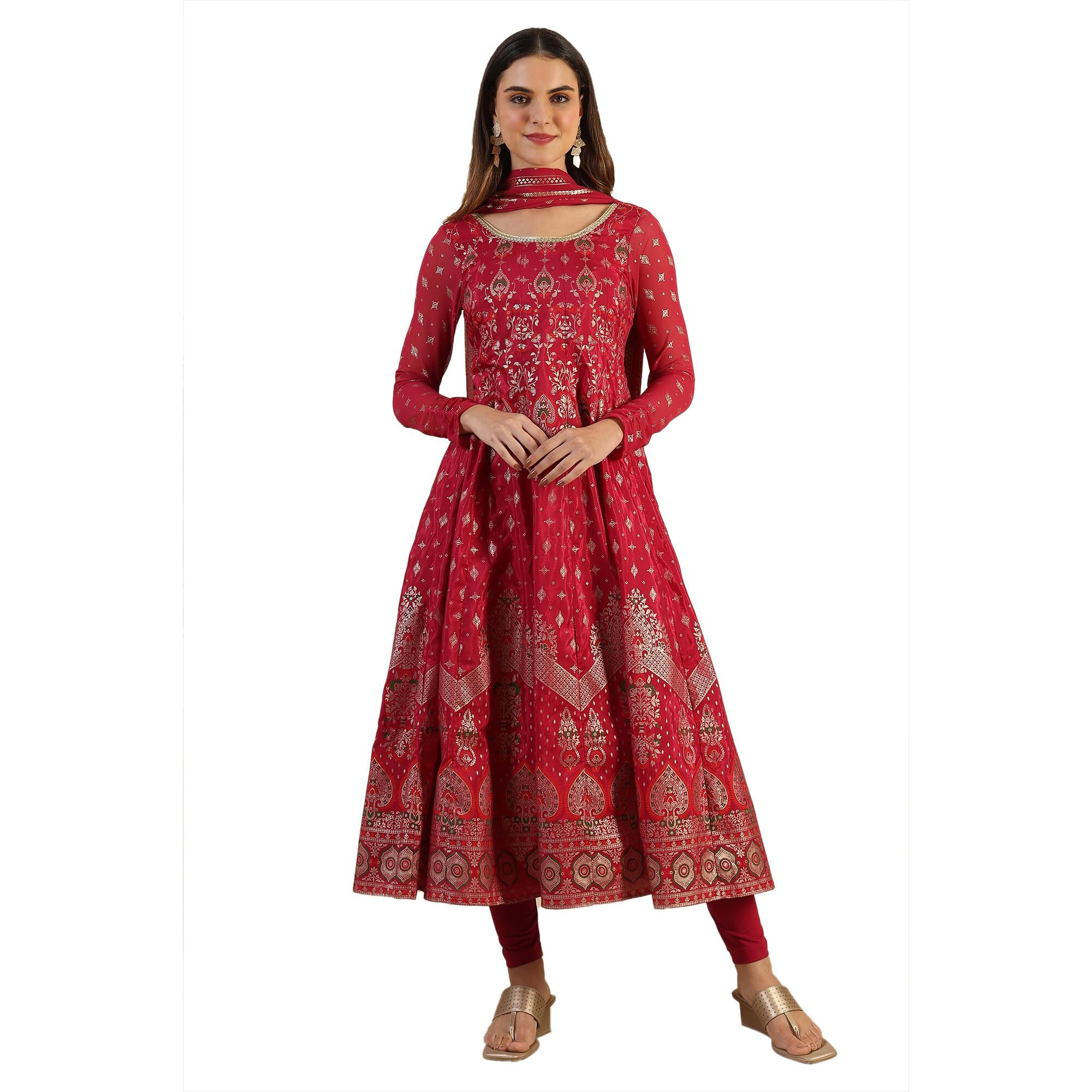 Pink Yarn-Dyed Embellished Brocade Anarkali Dress And Dupatta Set (Size Xl)-24Auas15511-508418