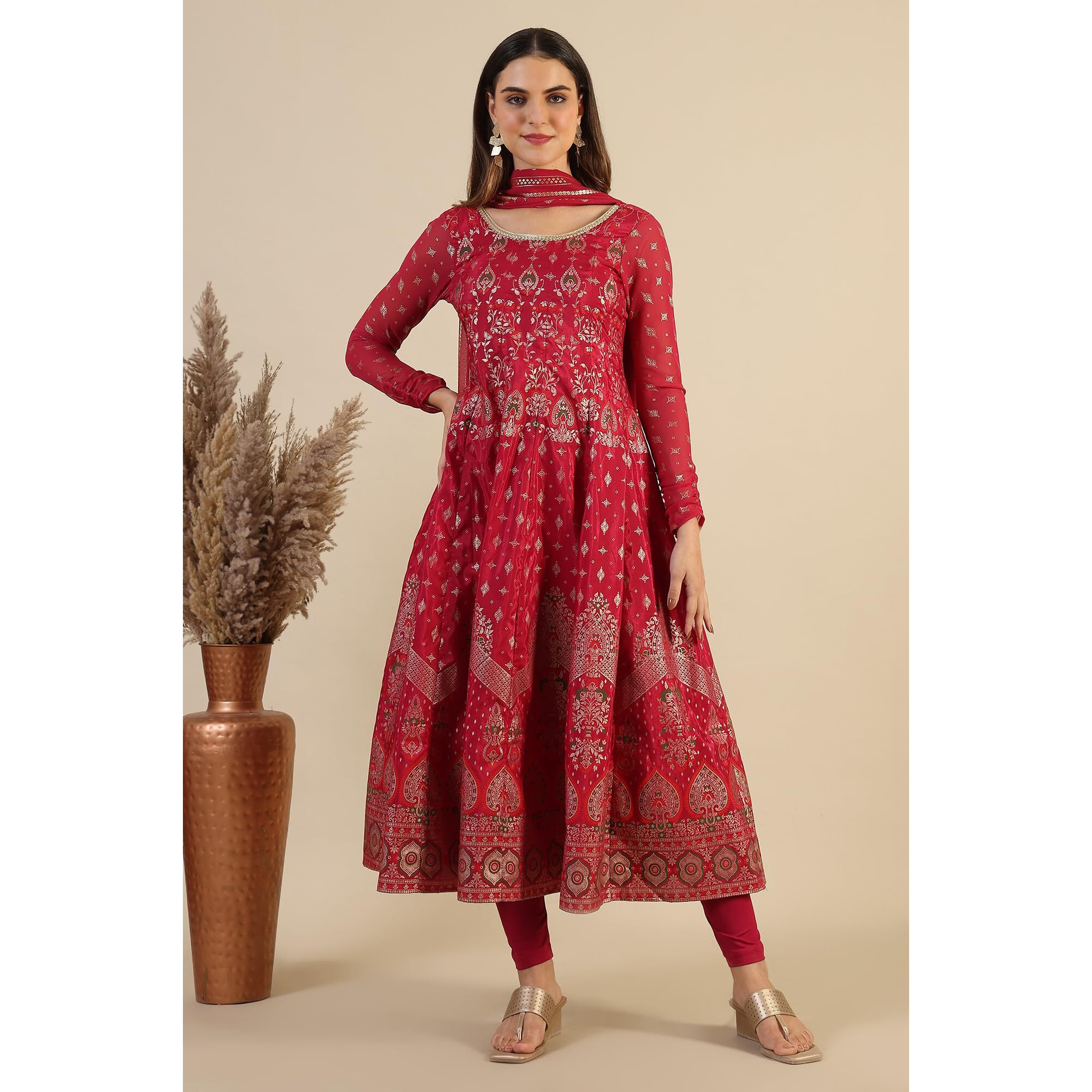Pink Yarn-Dyed Embellished Brocade Anarkali Dress And Dupatta Set (Size Xl)-24Auas15511-508418