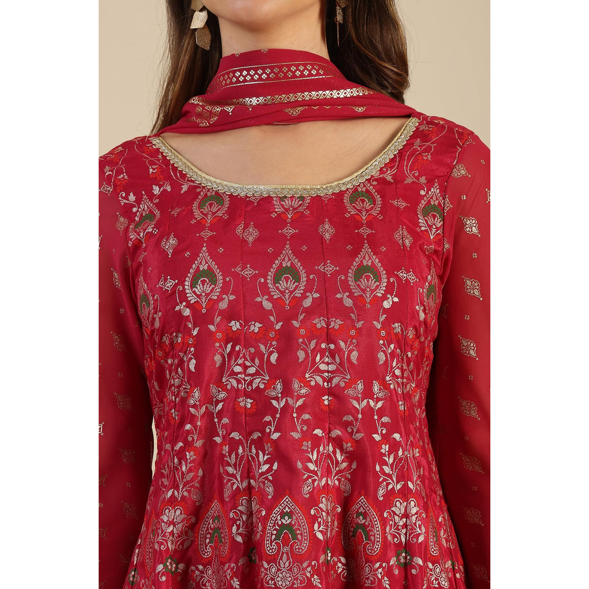Pink Yarn-Dyed Embellished Brocade Anarkali Dress And Dupatta Set (Size Xl)-24Auas15511-508418