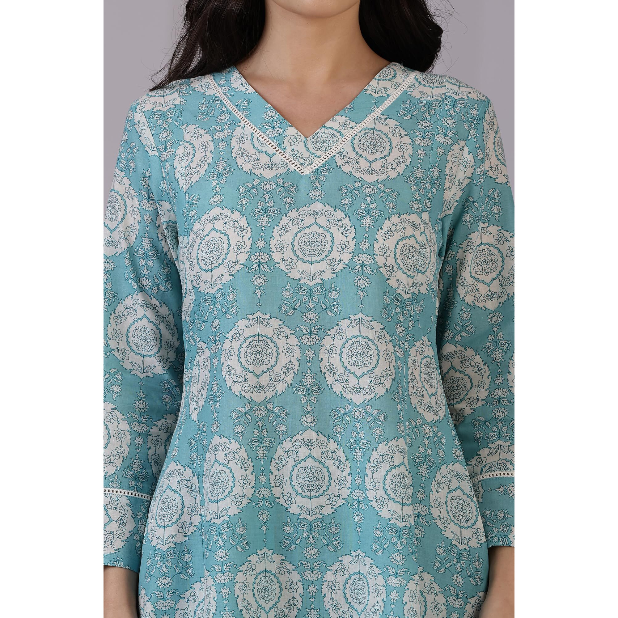 W For Woman Blue Floral Printed A-Line Pure Cotton Kurta And Pants Co-Ord Set (Size M)-Ws12335-123938