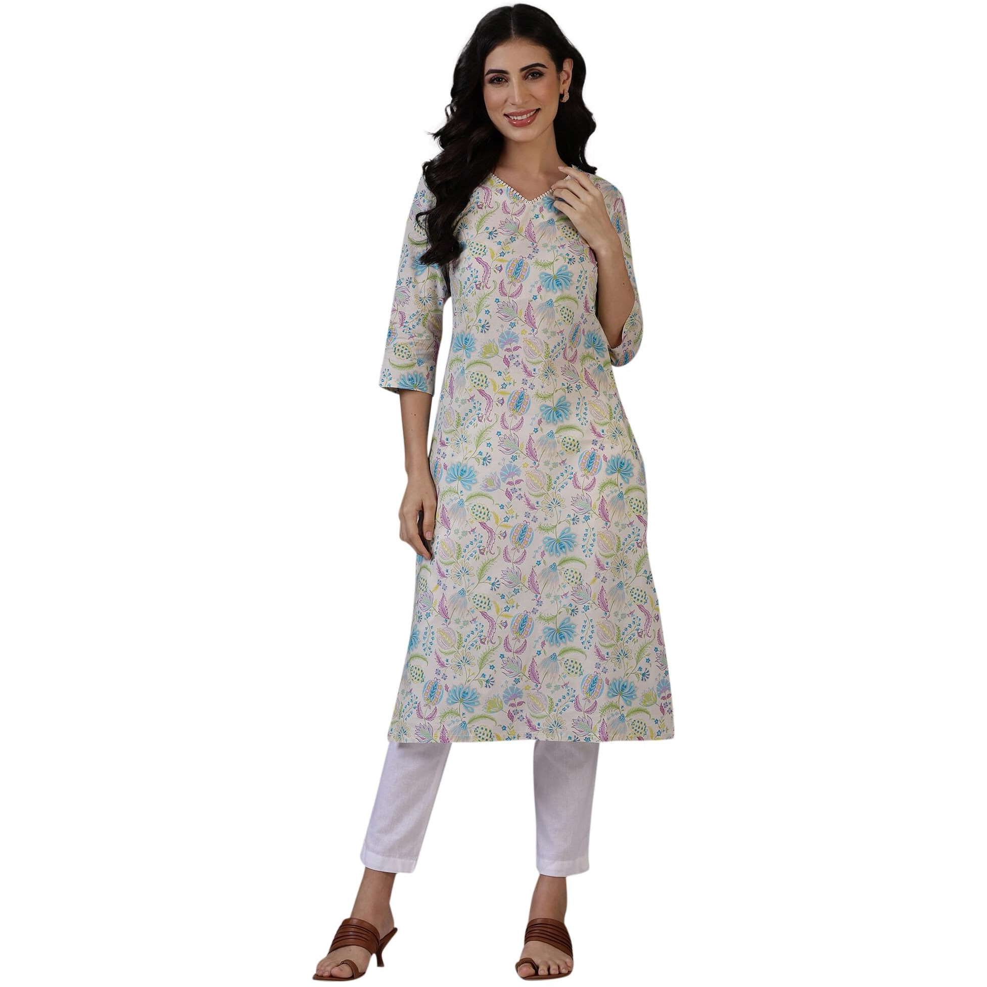 W For Woman Light Beige Floral Printed Pure Cotton Straight Kurta (Size Xs)-W12333-125455