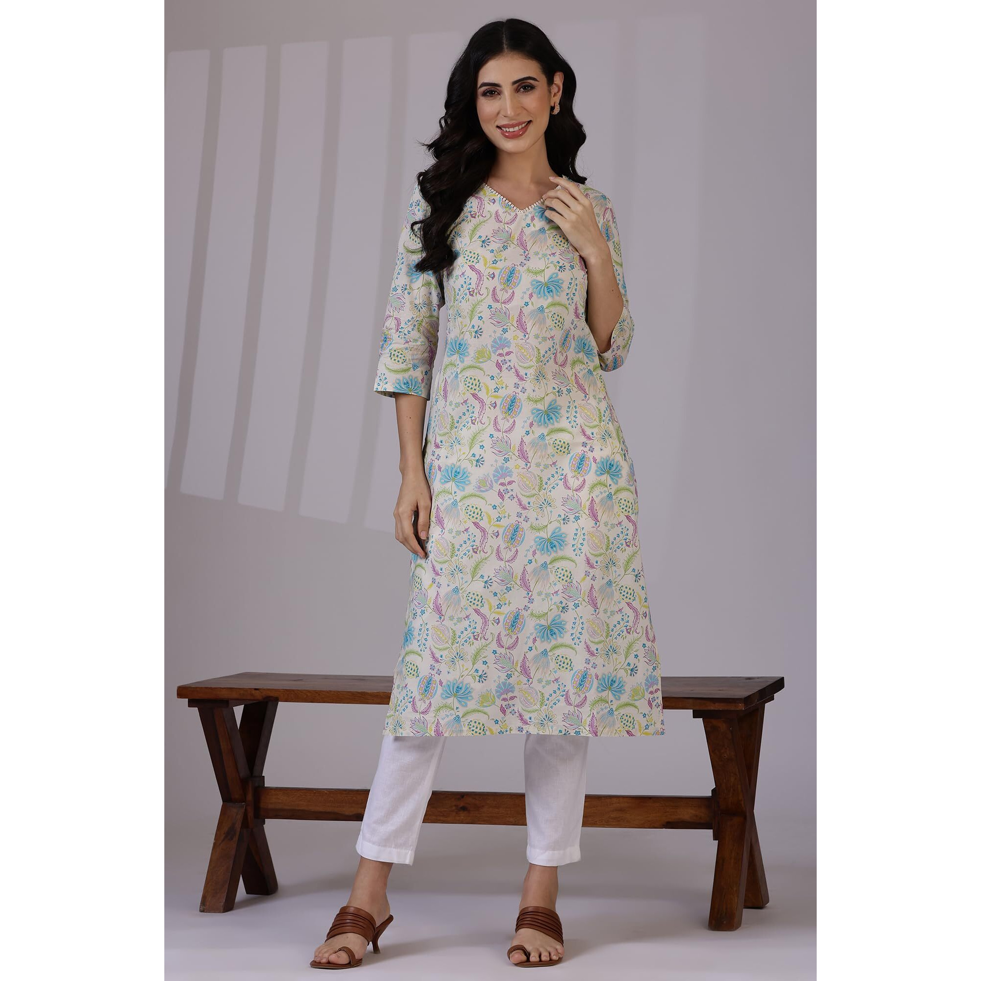 W For Woman Light Beige Floral Printed Pure Cotton Straight Kurta (Size Xs)-W12333-125455