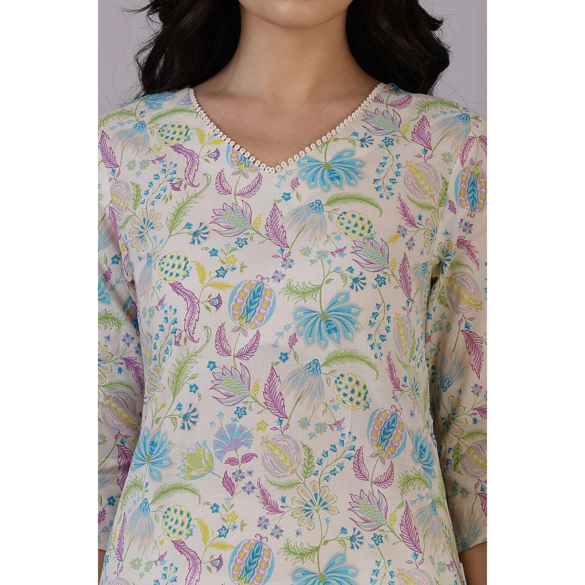 W For Woman Light Beige Floral Printed Pure Cotton Straight Kurta (Size Xs)-W12333-125455