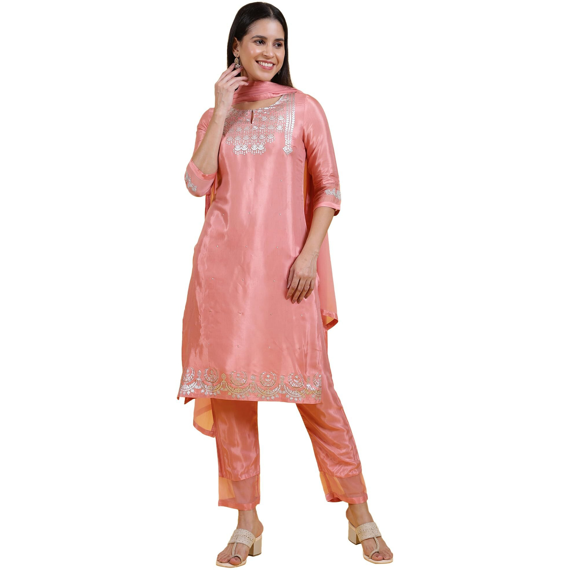 W For Woman Pink Printed Shantung Straight Kurta, Pants And Dupatta Set (Size L)-Ws12305-112668