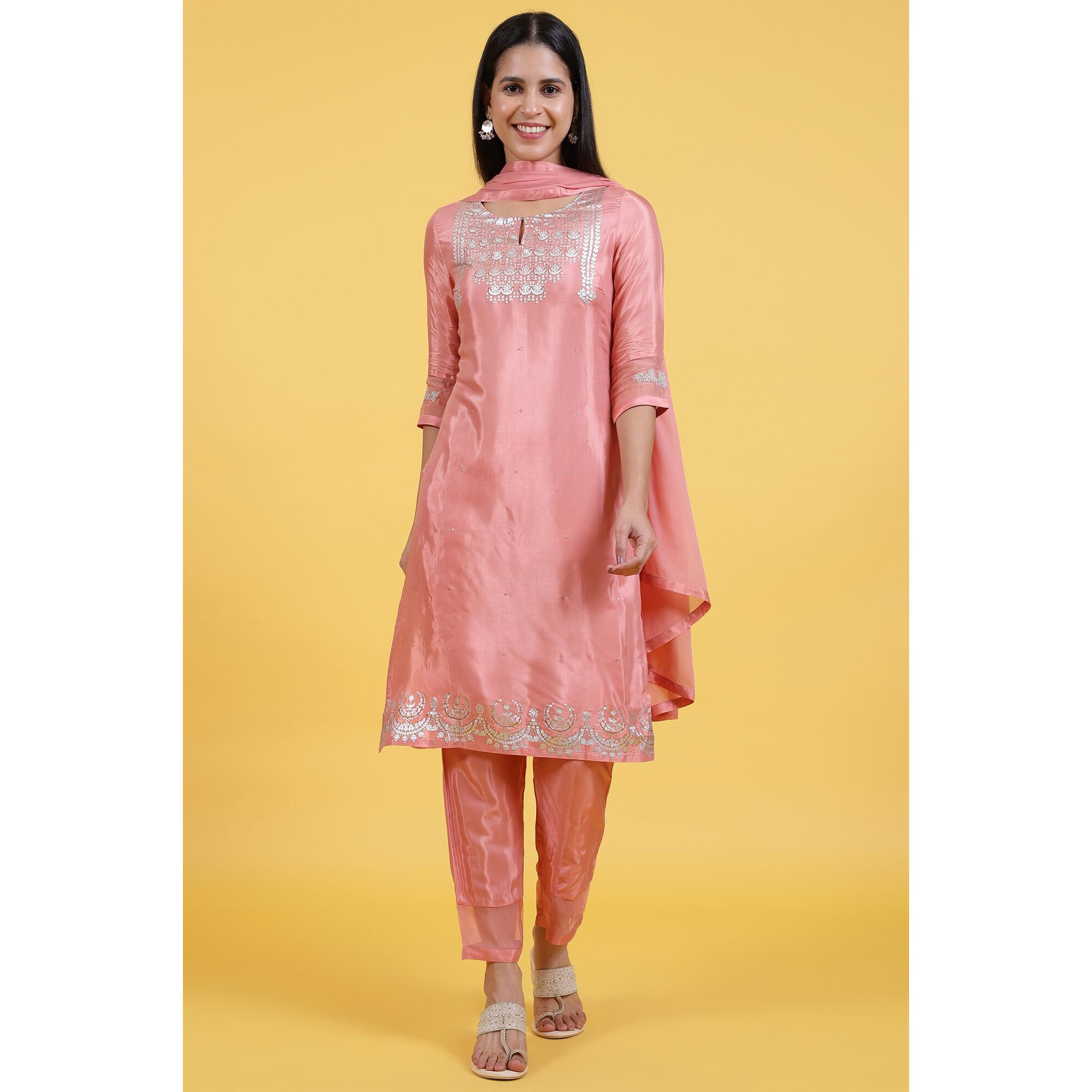 W For Woman Pink Printed Shantung Straight Kurta, Pants And Dupatta Set (Size S)-Ws12305-112668