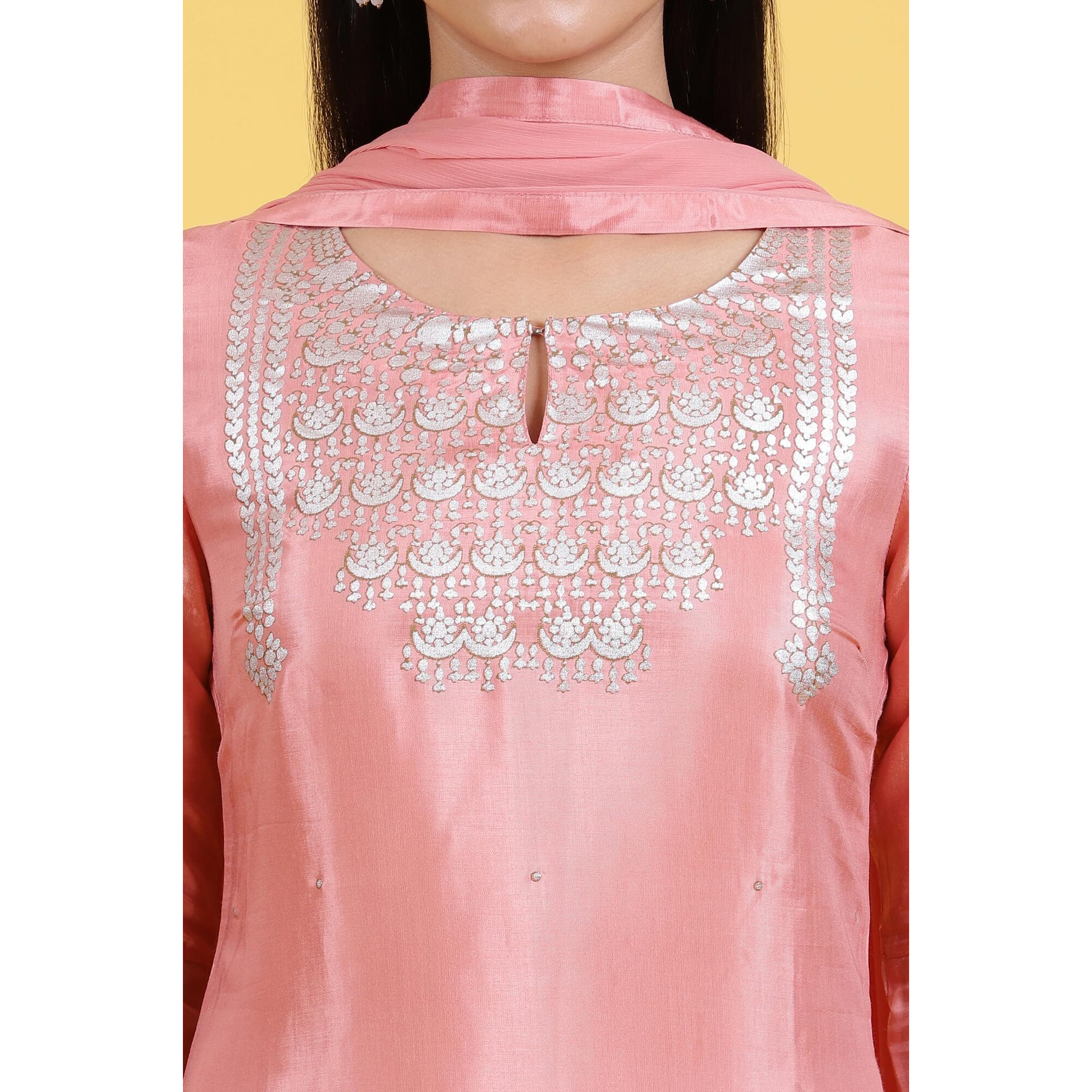 W For Woman Pink Printed Shantung Straight Kurta, Pants And Dupatta Set (Size S)-Ws12305-112668