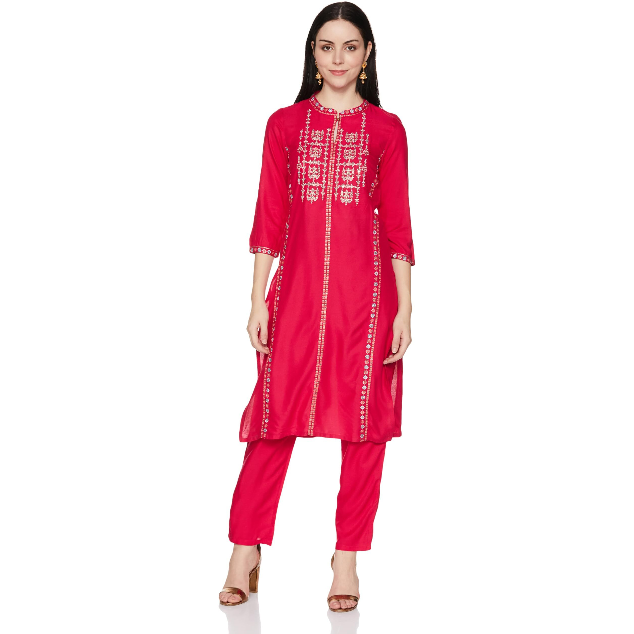 W For Woman Purple Embroidered Straight Kurta And Straight Pants Set