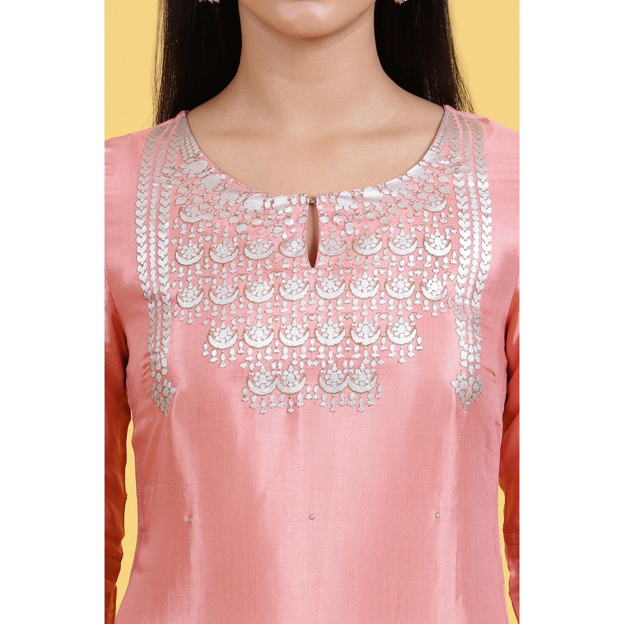 W For Woman Pink Printed Shantung Straight Kurta In Keyhole Neck (Size Xl)-W12305-112668