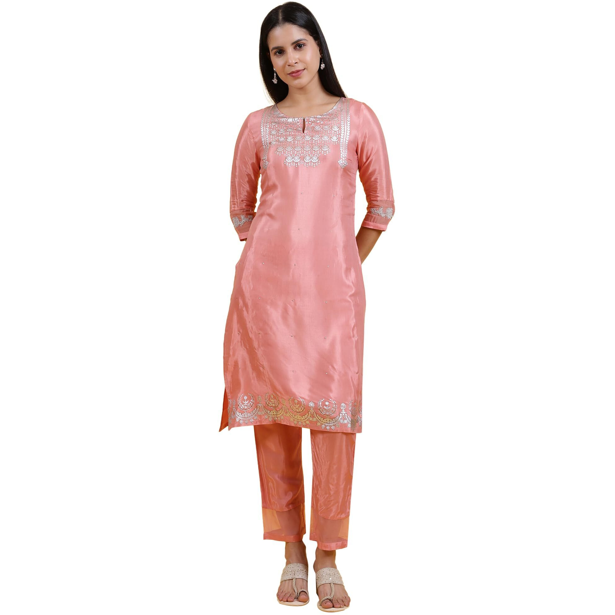 W For Woman Pink Printed Shantung Straight Kurta In Keyhole Neck (Size 2Xl)-W12305-112668