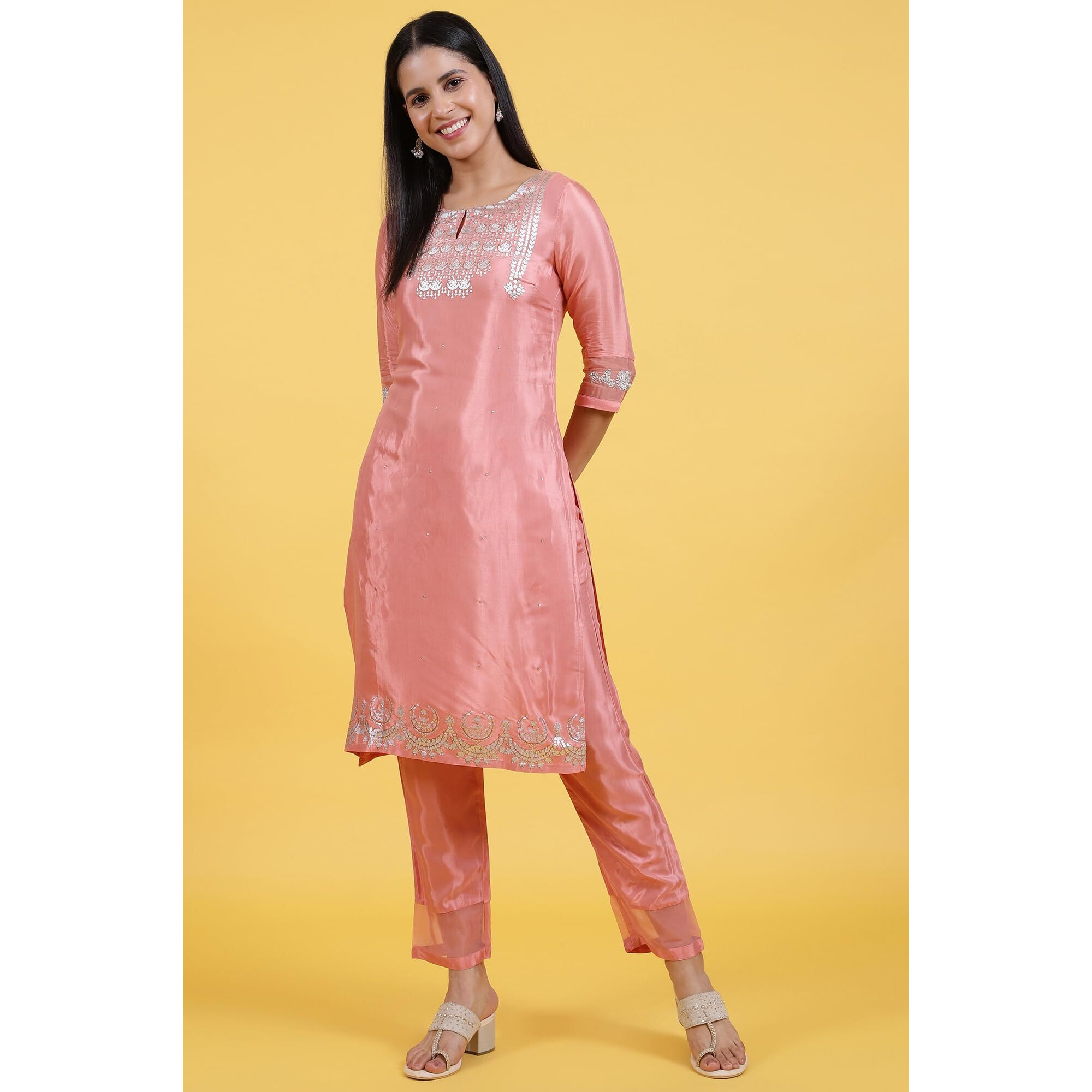 W For Woman Pink Printed Shantung Straight Kurta In Keyhole Neck (Size S)-W12305-112668