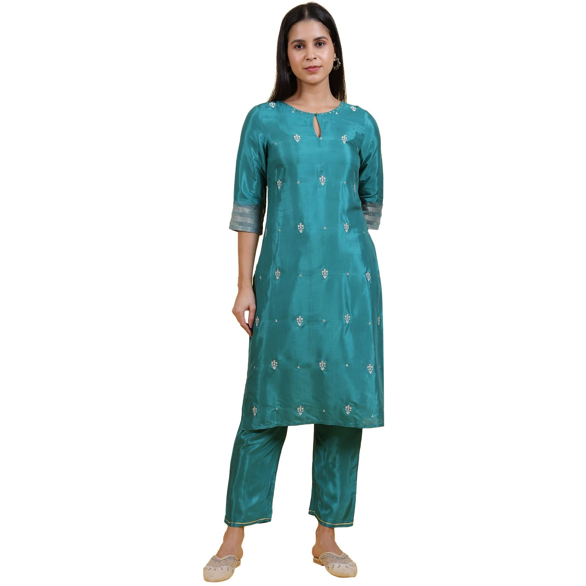W For Woman Blue Embroidered Rayon Straight Kurta In Keyhole Neck (Size Xl)-W12306-223051