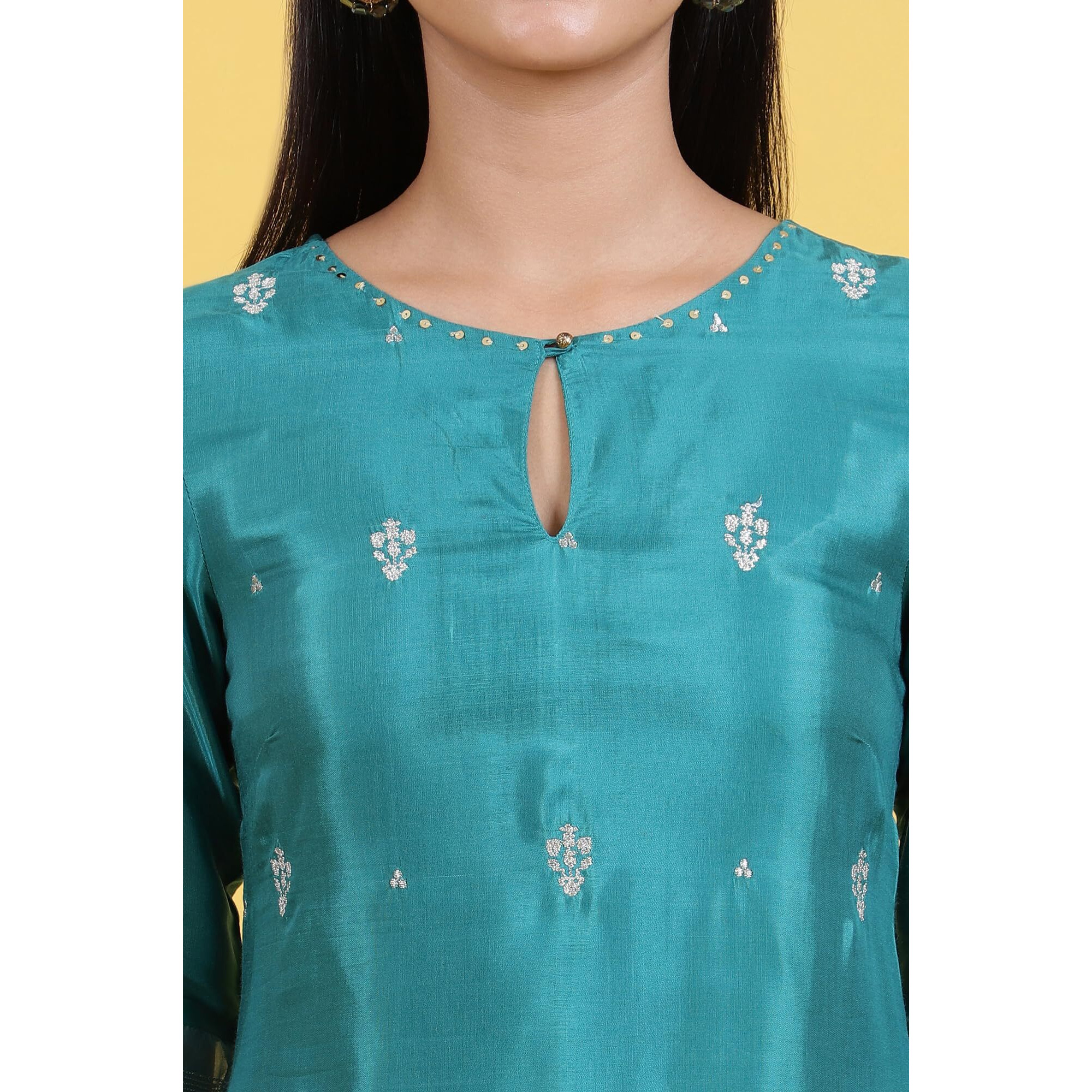 W For Woman Blue Embroidered Rayon Straight Kurta In Keyhole Neck (Size S)-W12306-223051