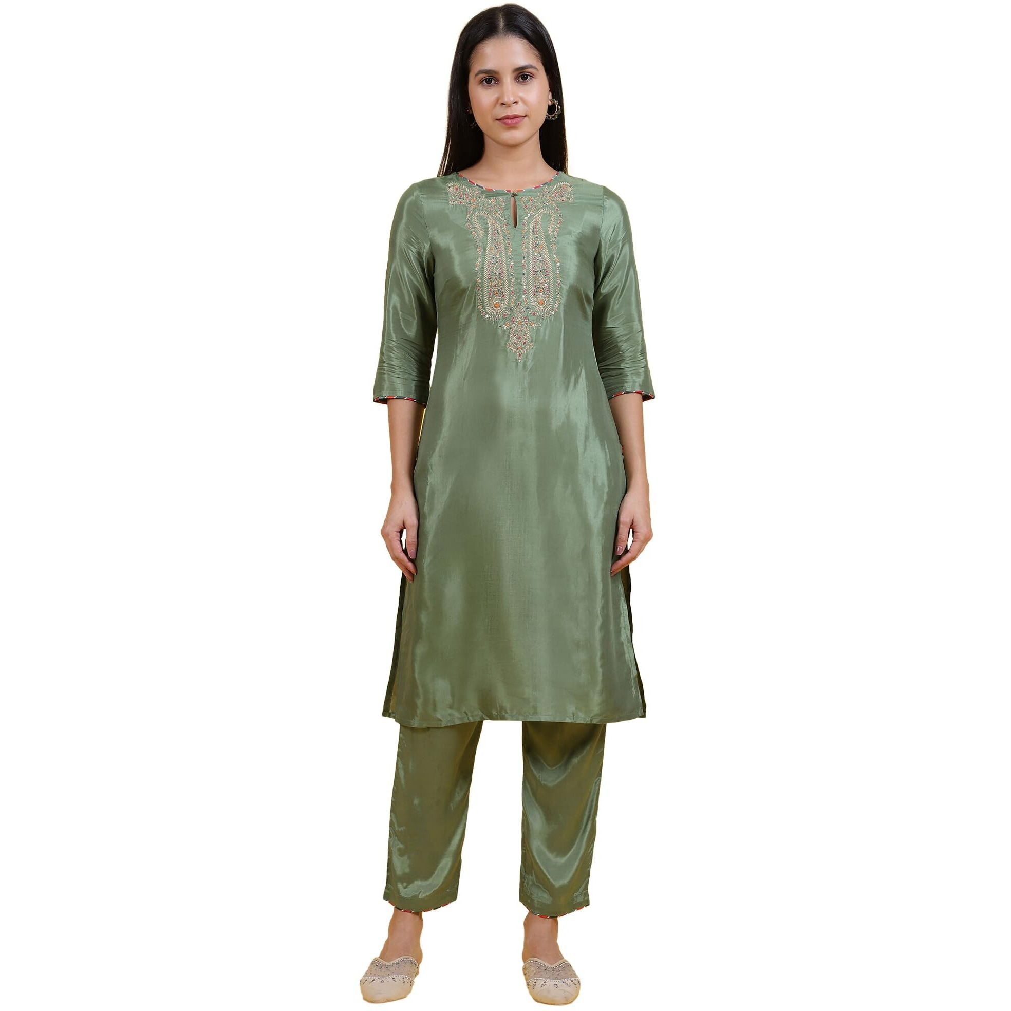 W For Woman Light Green Embroidered Shantung Straight Kurta (Size 2Xl)-W12309-217974