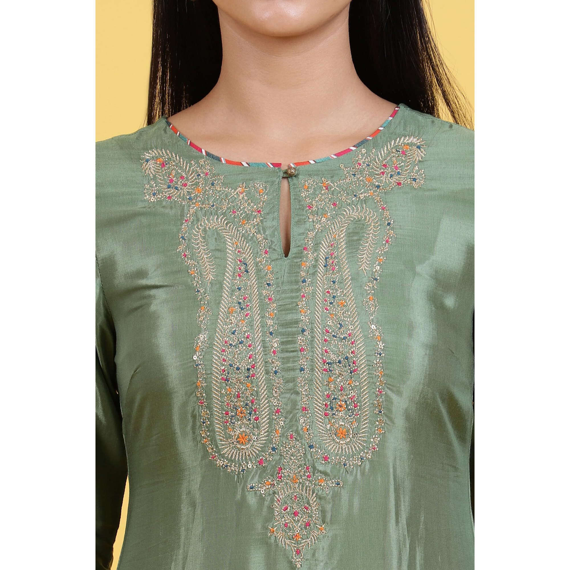 W For Woman Light Green Embroidered Shantung Straight Kurta (Size 2Xl)-W12309-217974