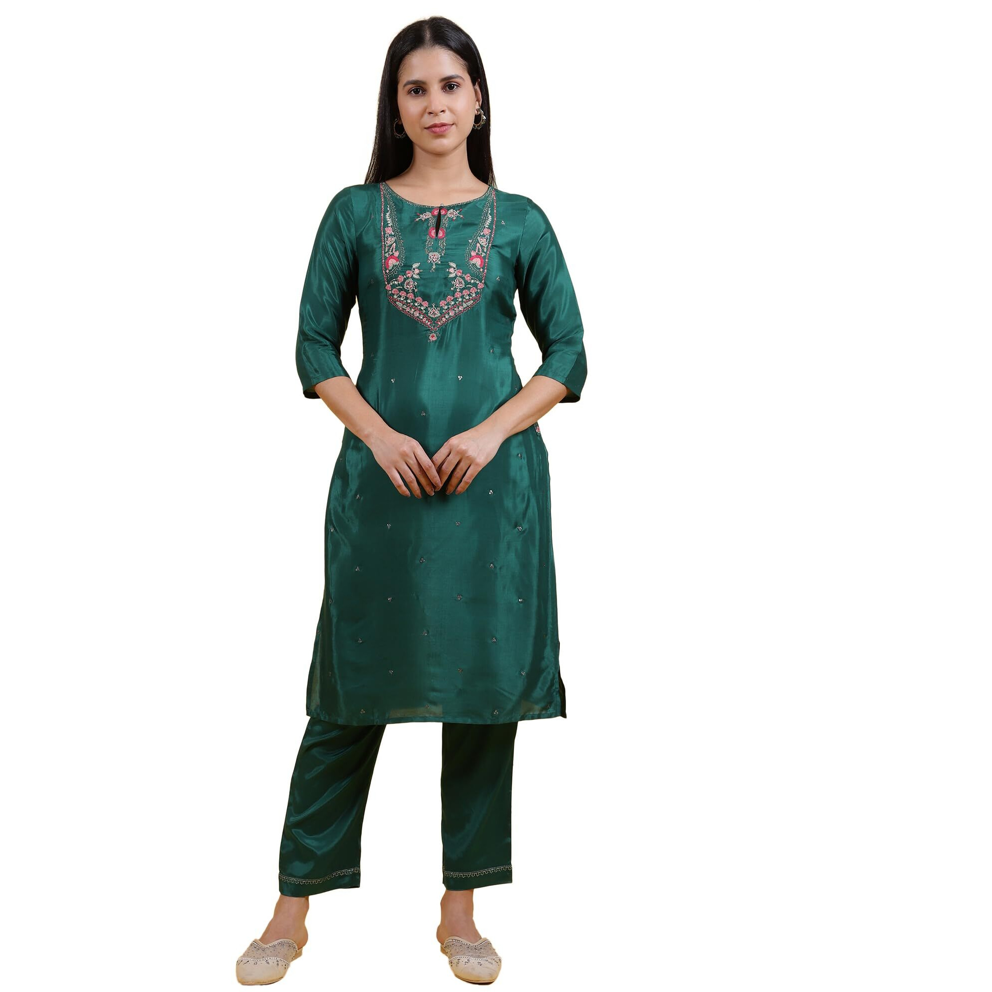 W For Woman Green Thread Embroidered Straight Festive Kurta (Size 3Xl)-W12310-119954