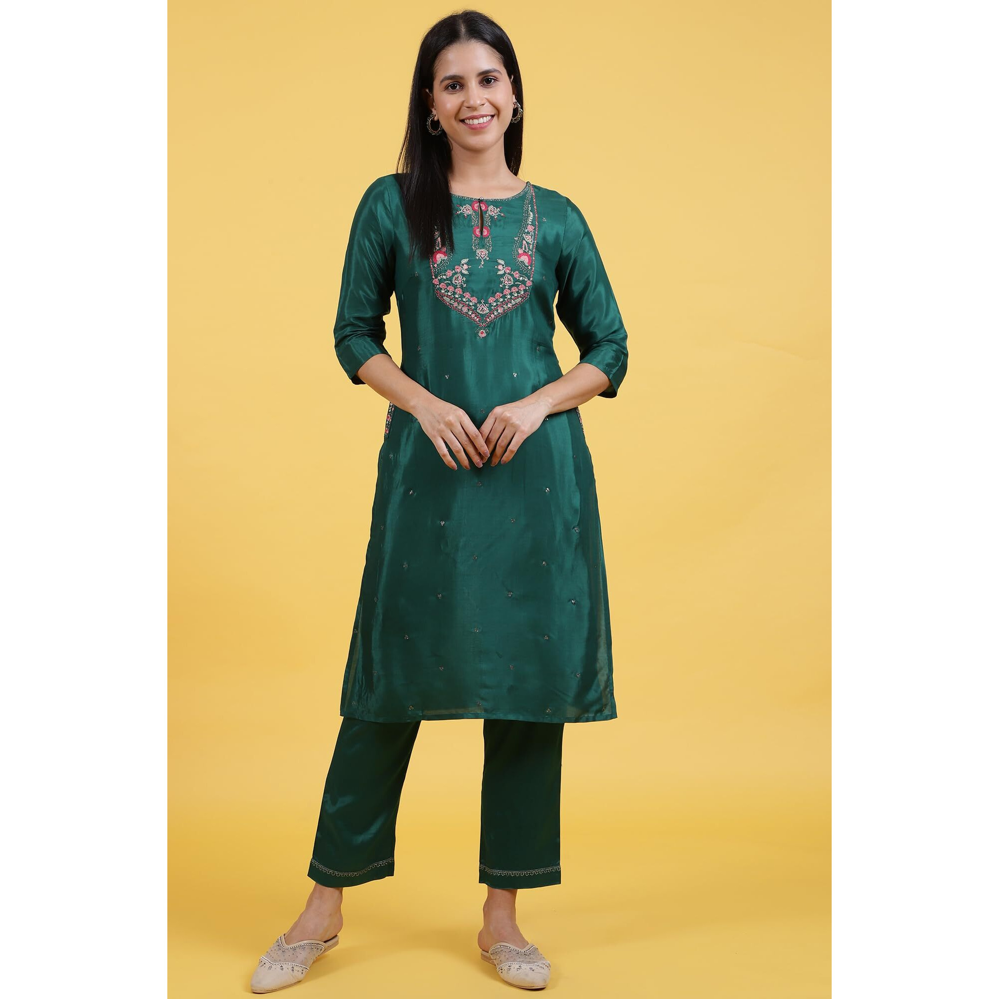 W For Woman Green Thread Embroidered Straight Festive Kurta (Size S)-W12310-119954