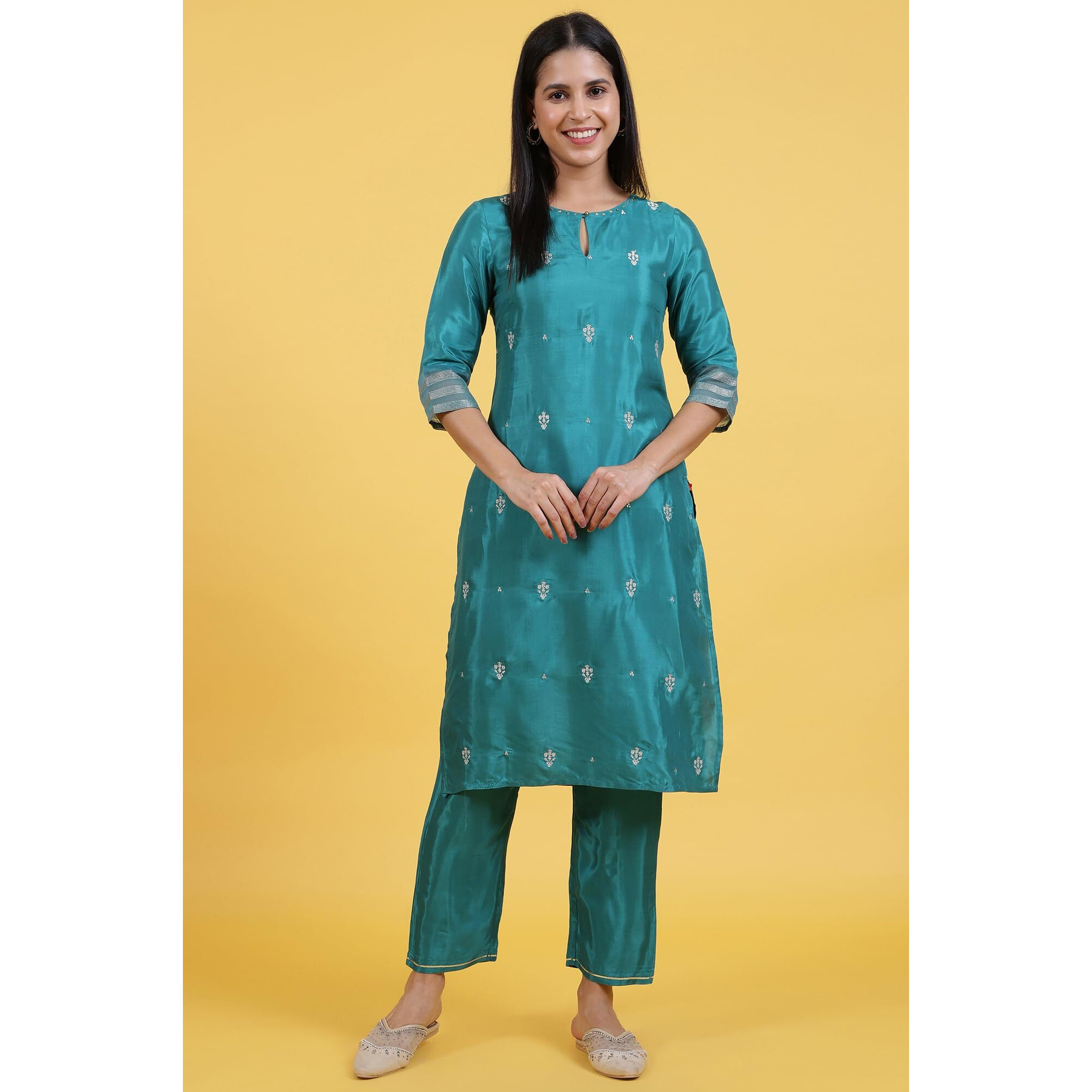 W For Woman Blue Embroidered Rayon Straight Kurta And Straight Pants Set (Size L)-Ws12306-223051