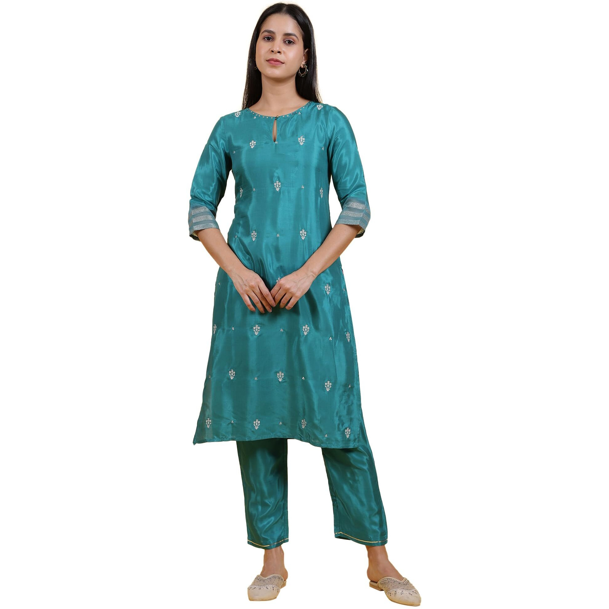 W For Woman Blue Embroidered Rayon Straight Kurta And Straight Pants Set (Size S)-Ws12306-223051