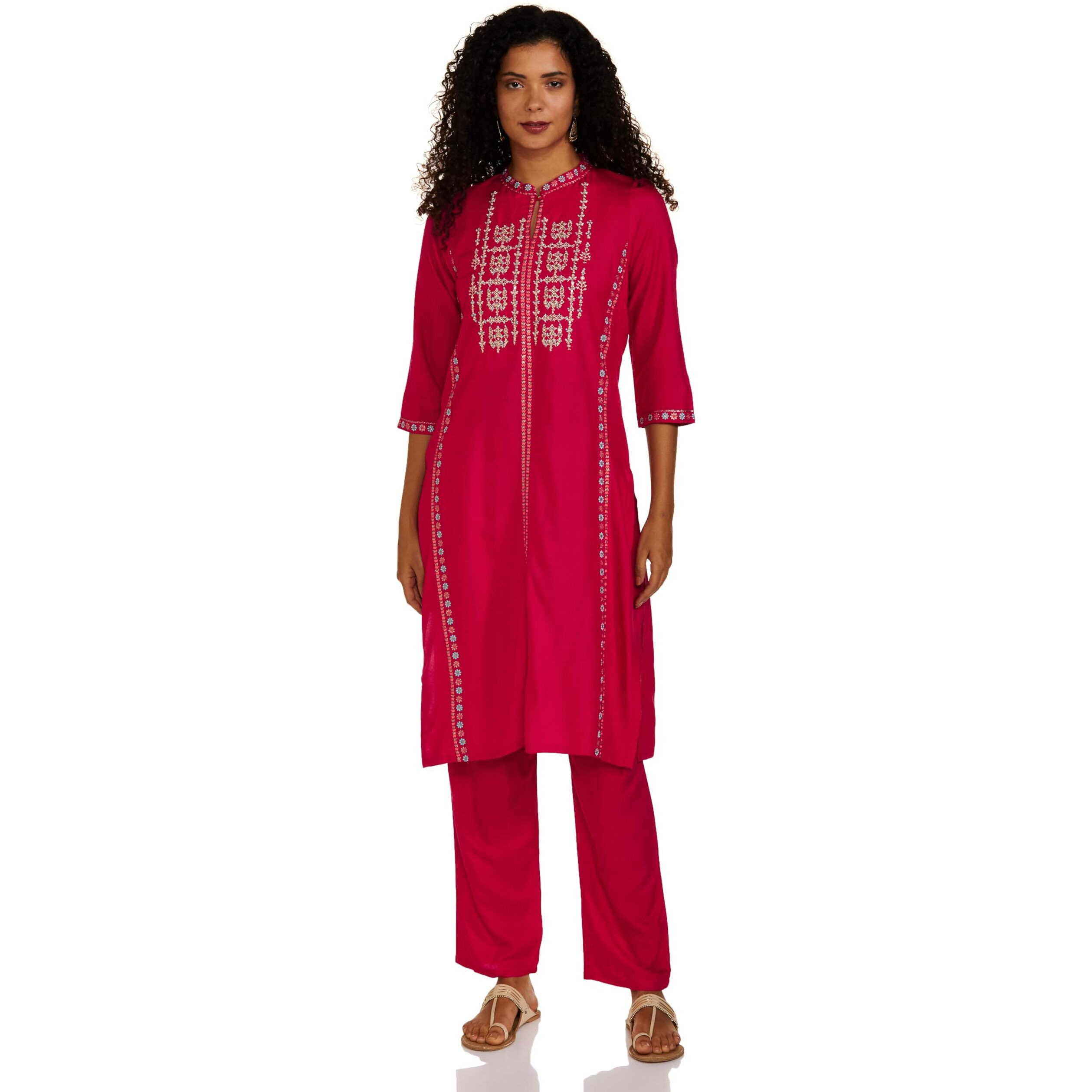 W For Woman Pink Glitter Printed Embroidered Straight Kurta And Straight Pants Set