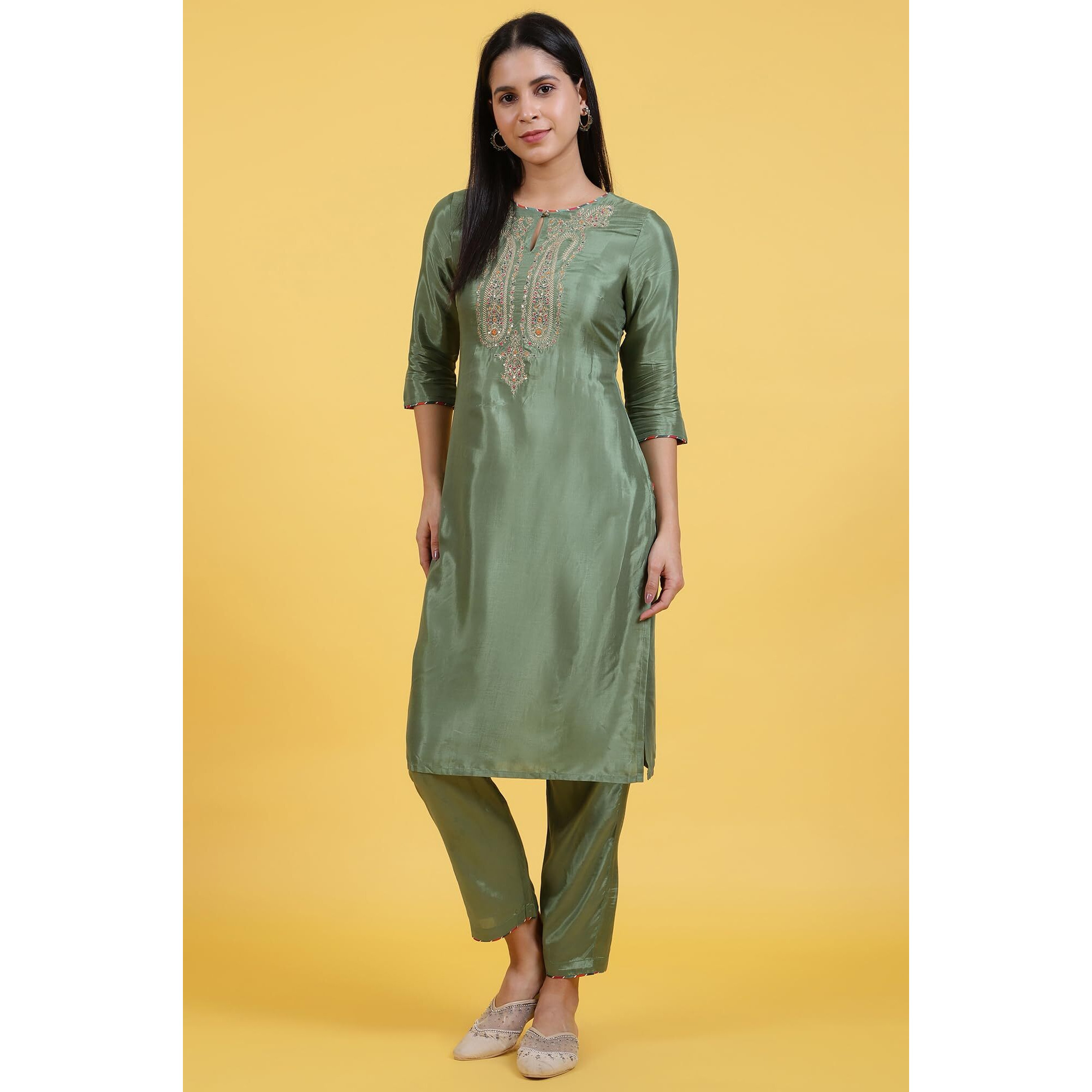 W For Woman Light Green Embroidered Shantung Straight Kurta And Pants Set (Size Xl)-Ws12309-217974