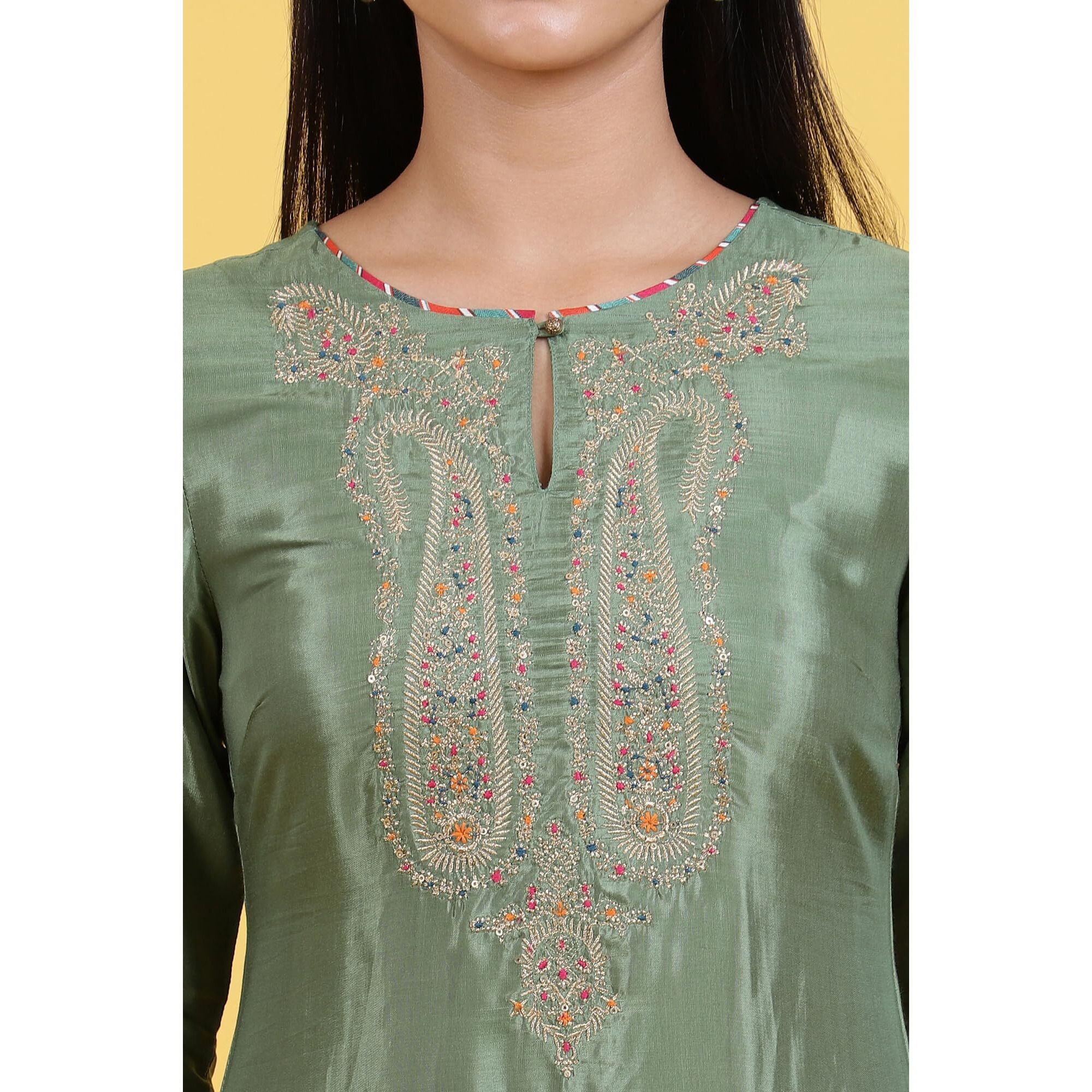 W For Woman Light Green Embroidered Shantung Straight Kurta And Pants Set (Size Xl)-Ws12309-217974
