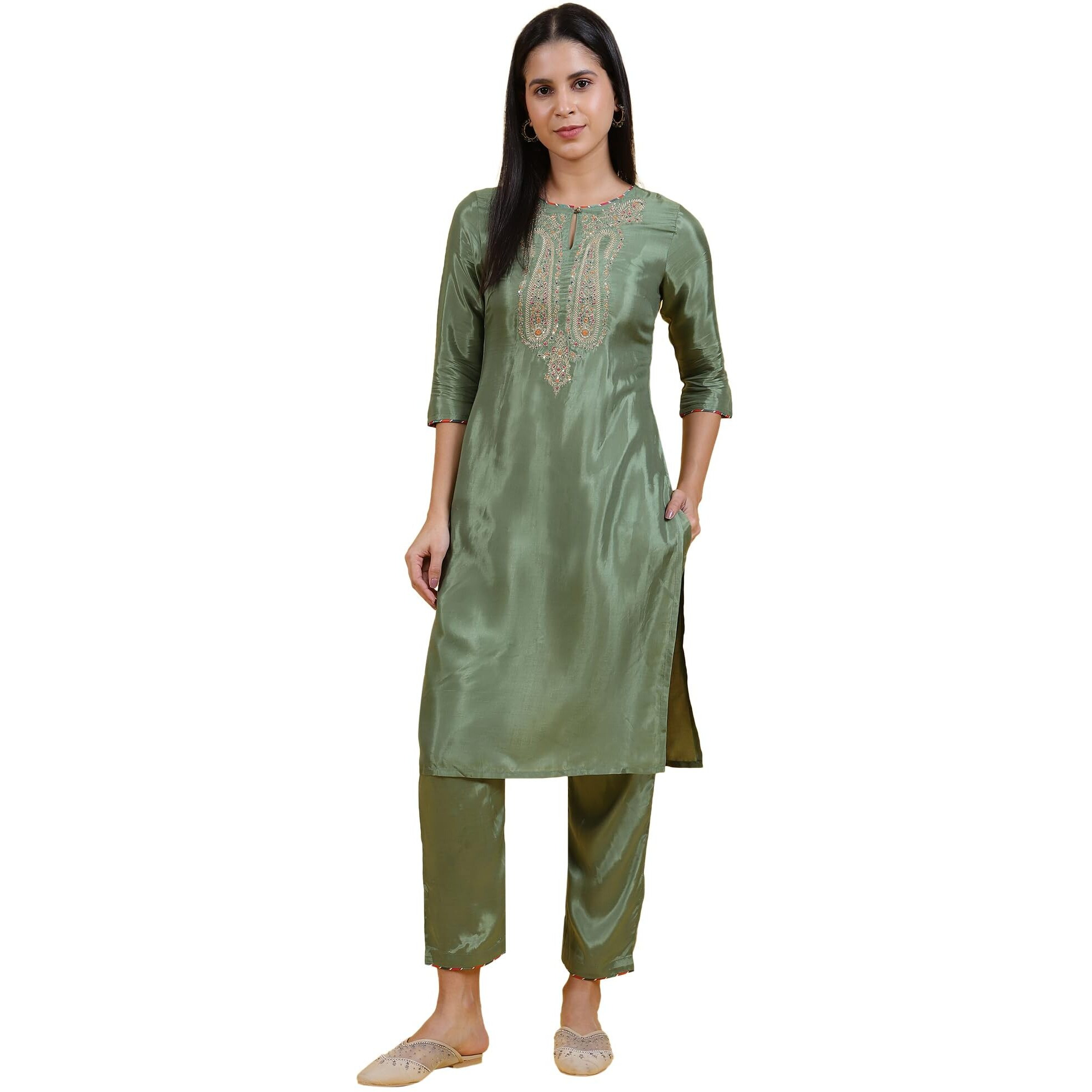 W For Woman Light Green Embroidered Shantung Straight Kurta And Pants Set (Size 2Xl)-Ws12309-217974