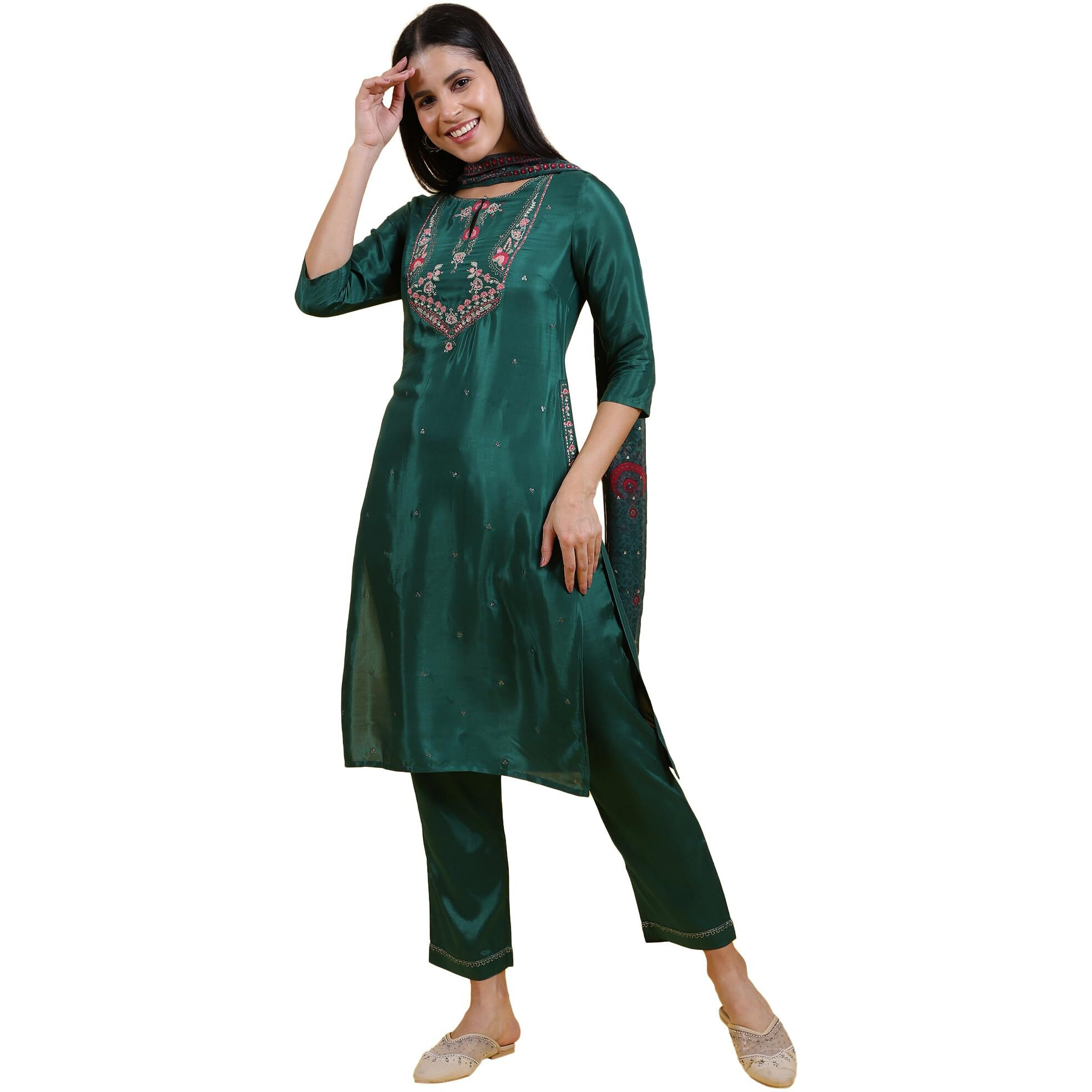 W For Woman Green Thread Embroidered Straight Kurta And Pants Set With Dupatta (Size L)-Ws12310-119954