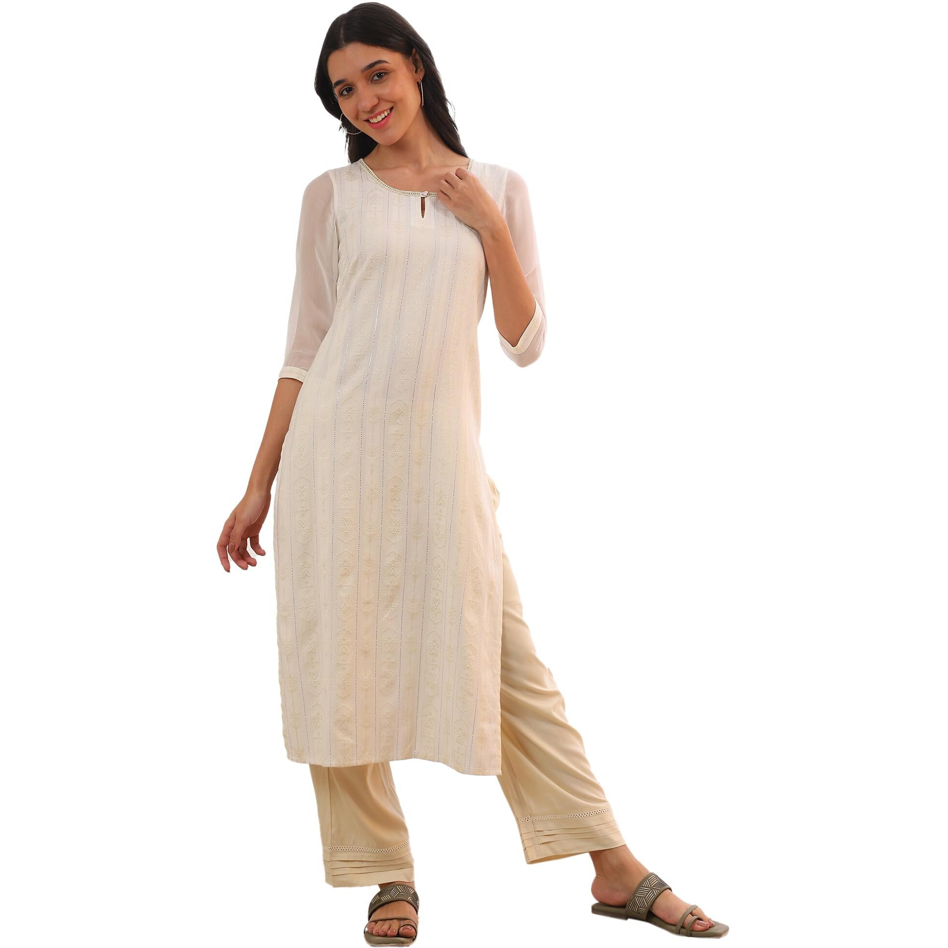 Aurelia Women's Off White Yarn Dyed Cotton Blend Straight Kurta (Size Xl)-A15539-704786
