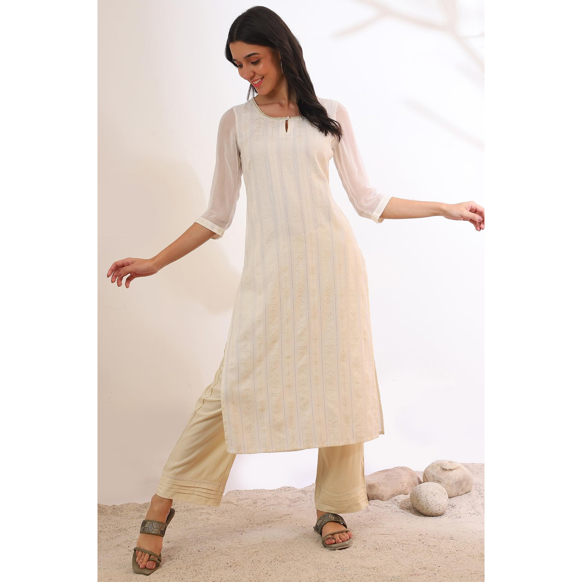 Aurelia Women's Off White Yarn Dyed Cotton Blend Straight Kurta (Size Xl)-A15539-704786