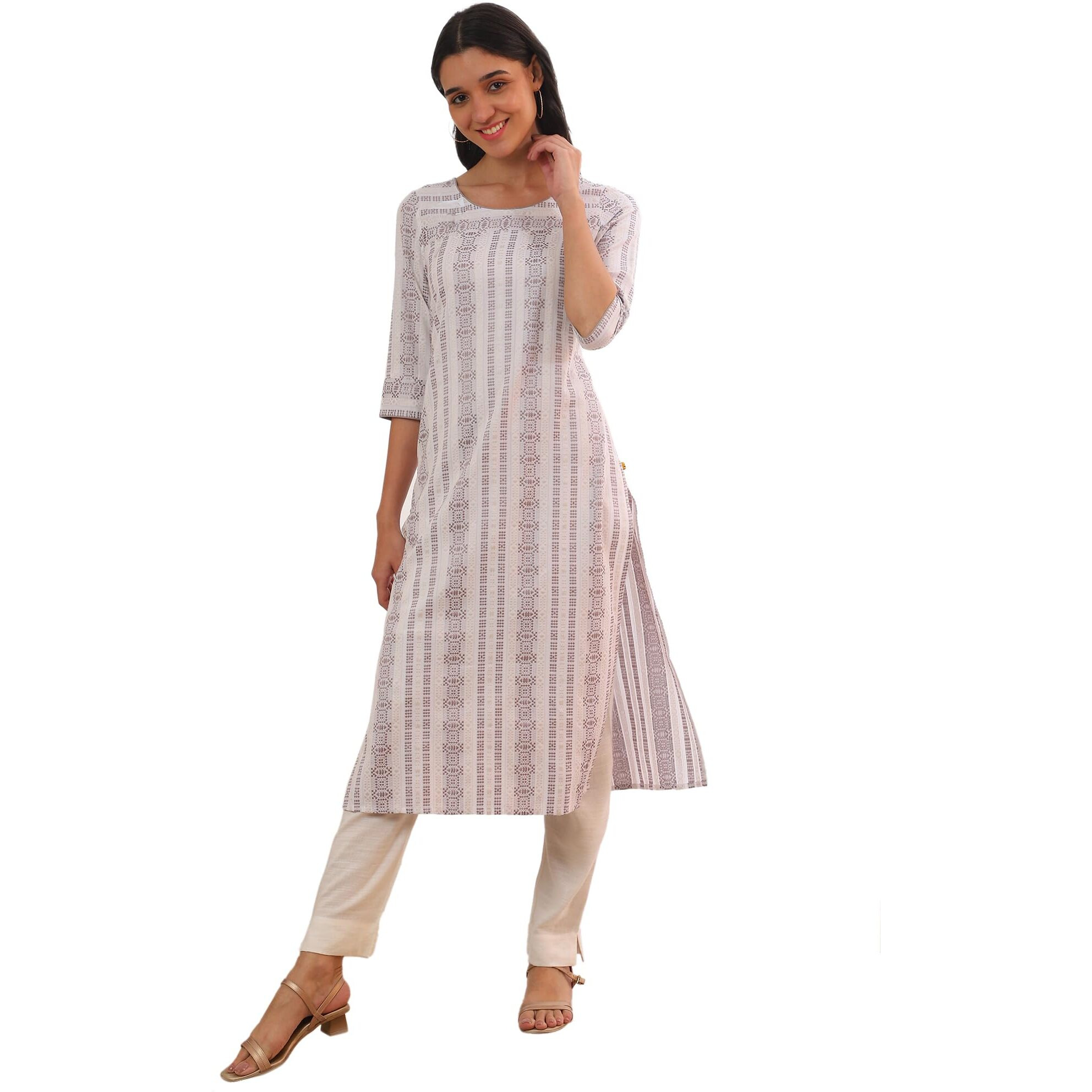 Aurelia Women's Grey Yarn Dyed Cotton Blend Straight Kurta (Size M)-A15538-705568