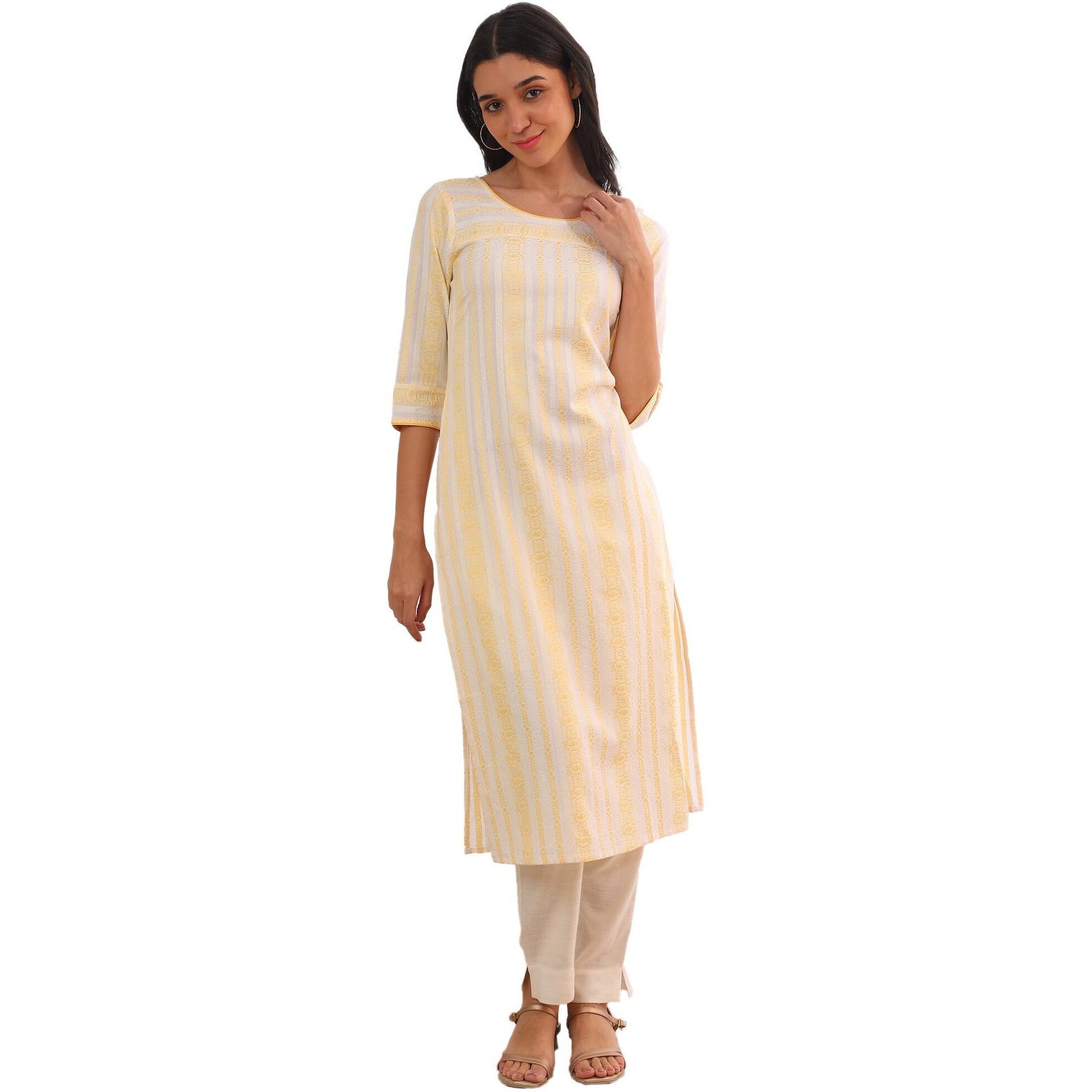 Aurelia Women's Yellow Yarn Dyed Cotton Blend Straight Kurta (Size M)-A15538-705570