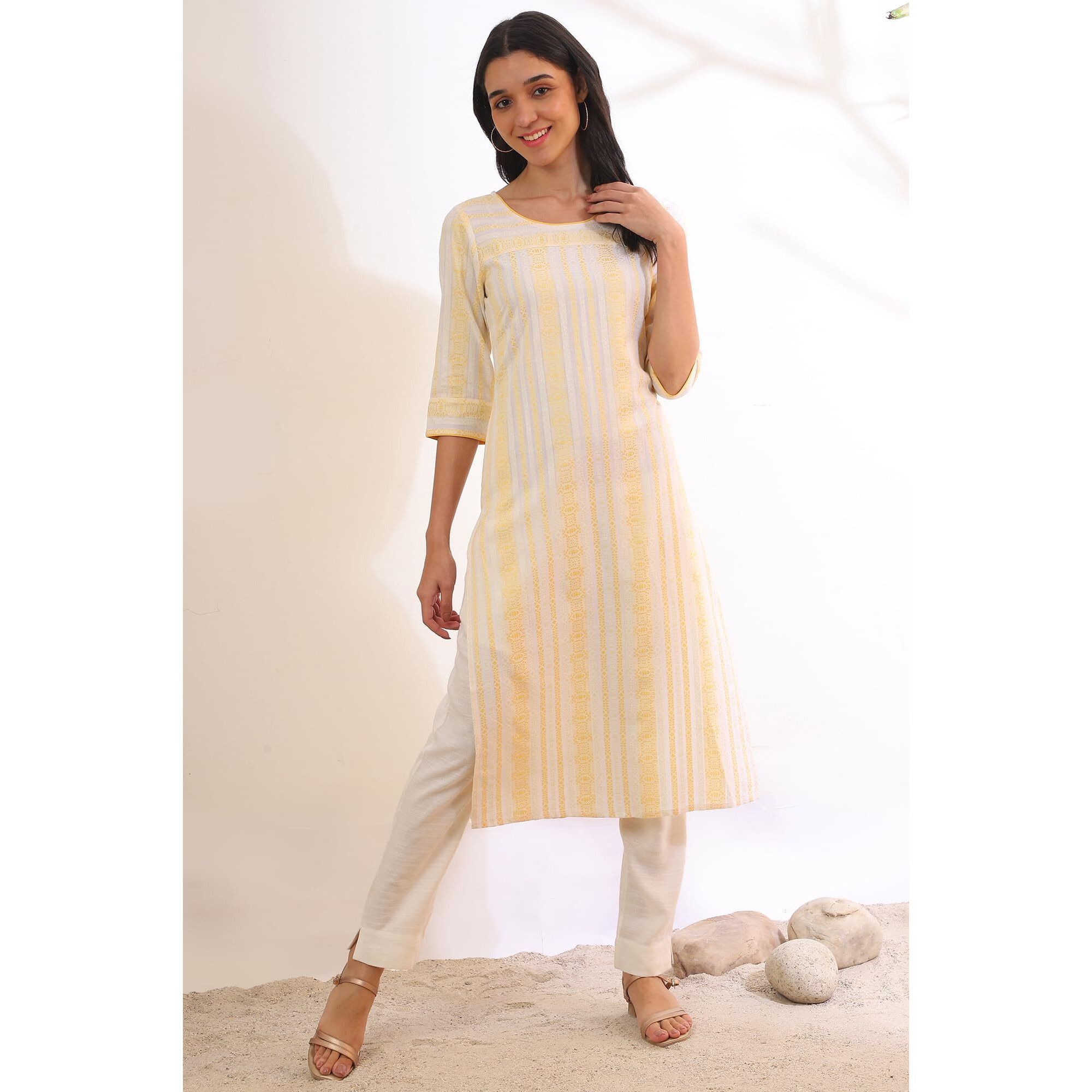 Aurelia Women's Yellow Yarn Dyed Cotton Blend Straight Kurta (Size S)-A15538-705570