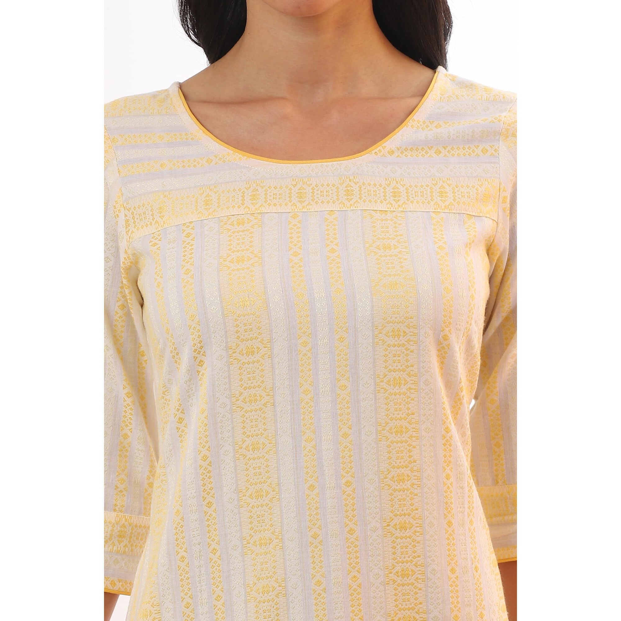 Aurelia Women's Yellow Yarn Dyed Cotton Blend Straight Kurta (Size S)-A15538-705570