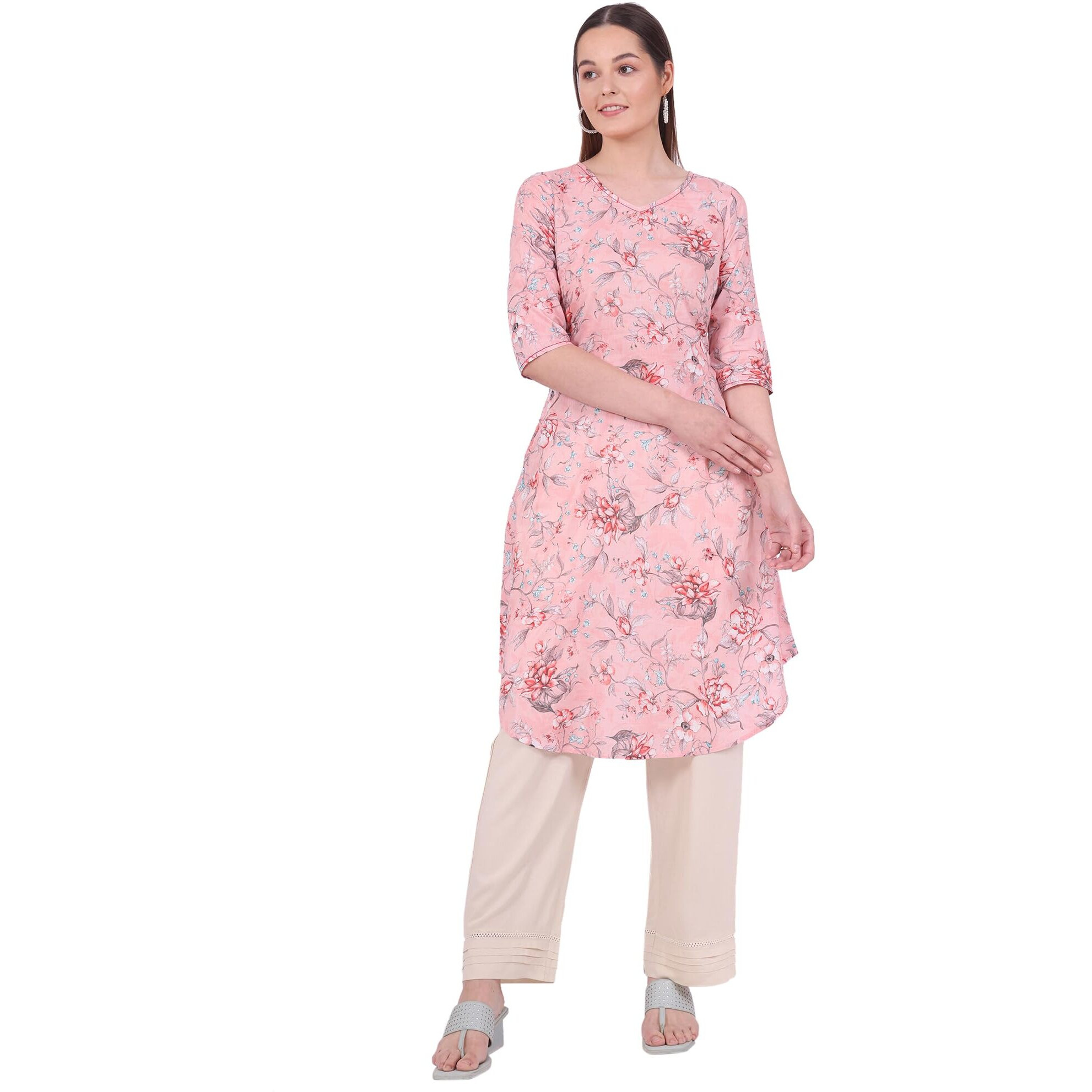 Aurelia Women's Pink Printed Pure Cotton Straight Kurta (Size Xl)-A15564-508775