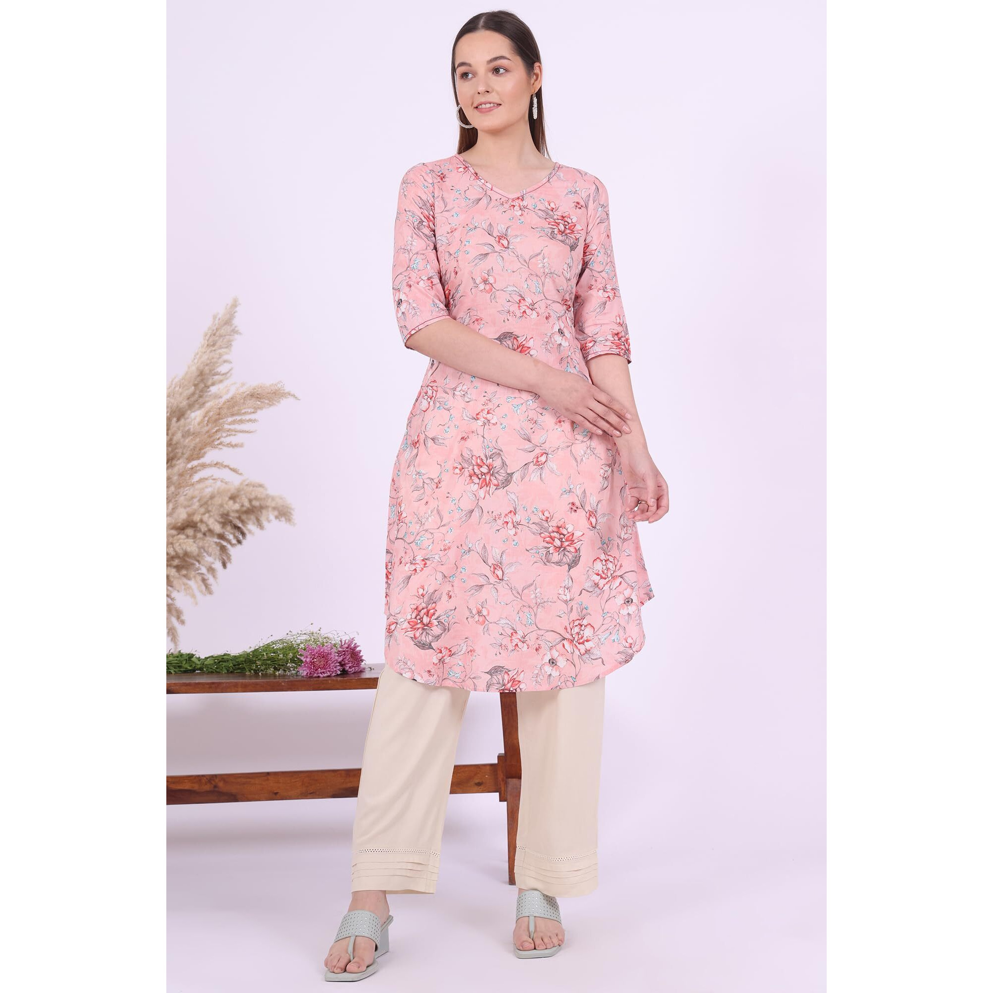 Aurelia Women's Pink Printed Pure Cotton Straight Kurta (Size Xl)-A15564-508775