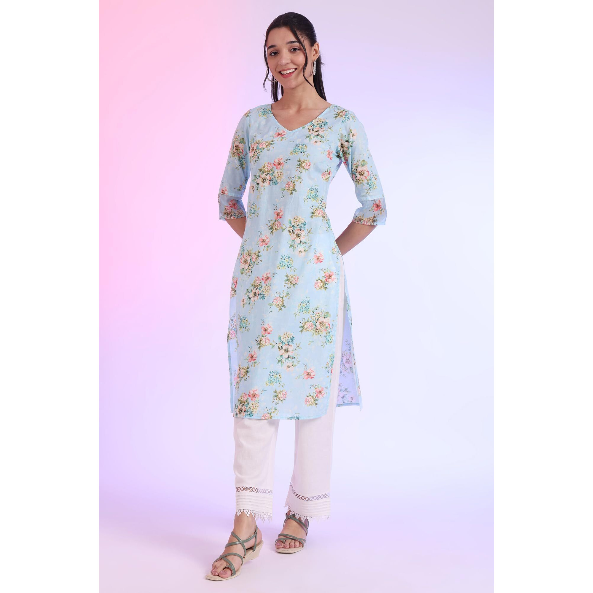Aurelia Women's Blue Printed Pure Cotton Straight Kurta (Size L)-A15565-508771