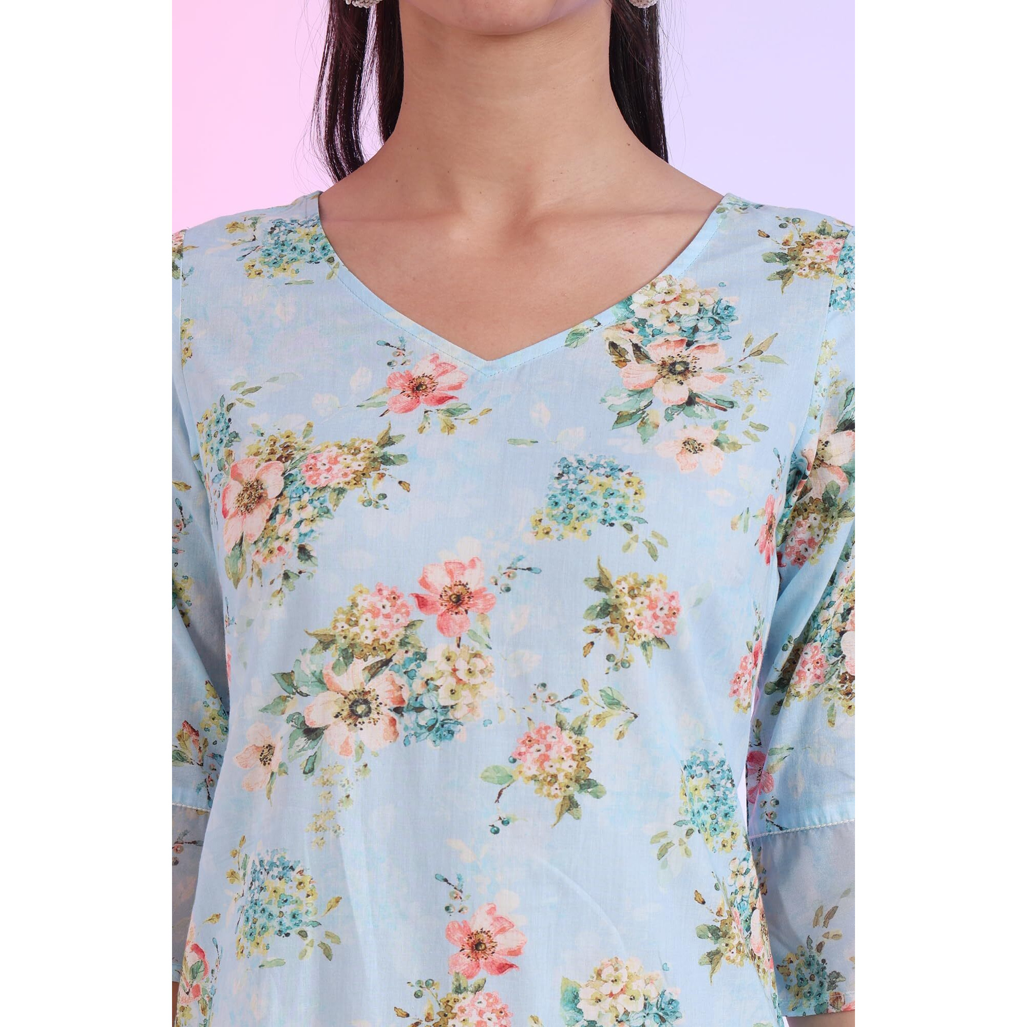 Aurelia Women's Blue Printed Pure Cotton Straight Kurta (Size L)-A15565-508771